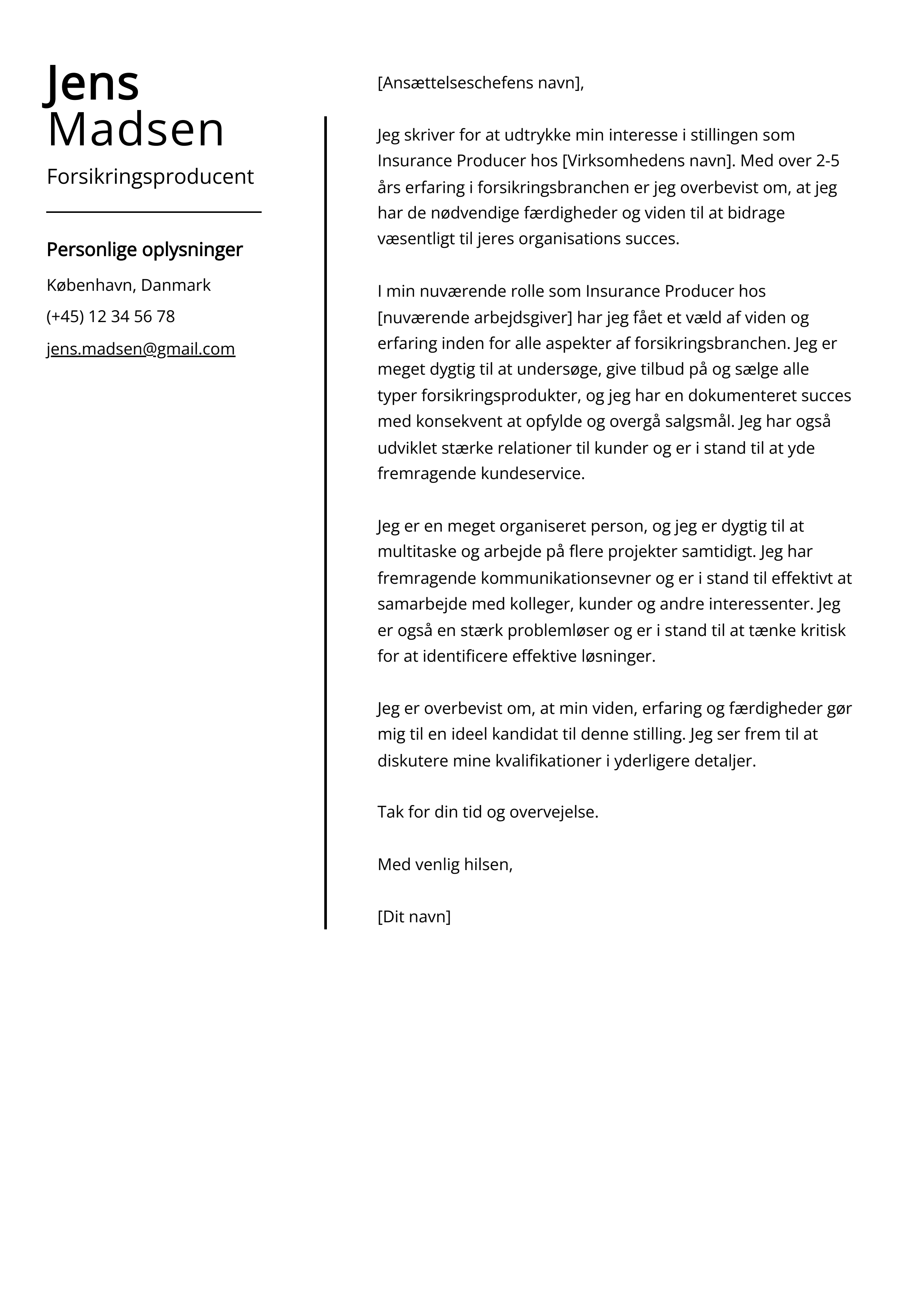 Forsikringsproducent Cover Letter Example