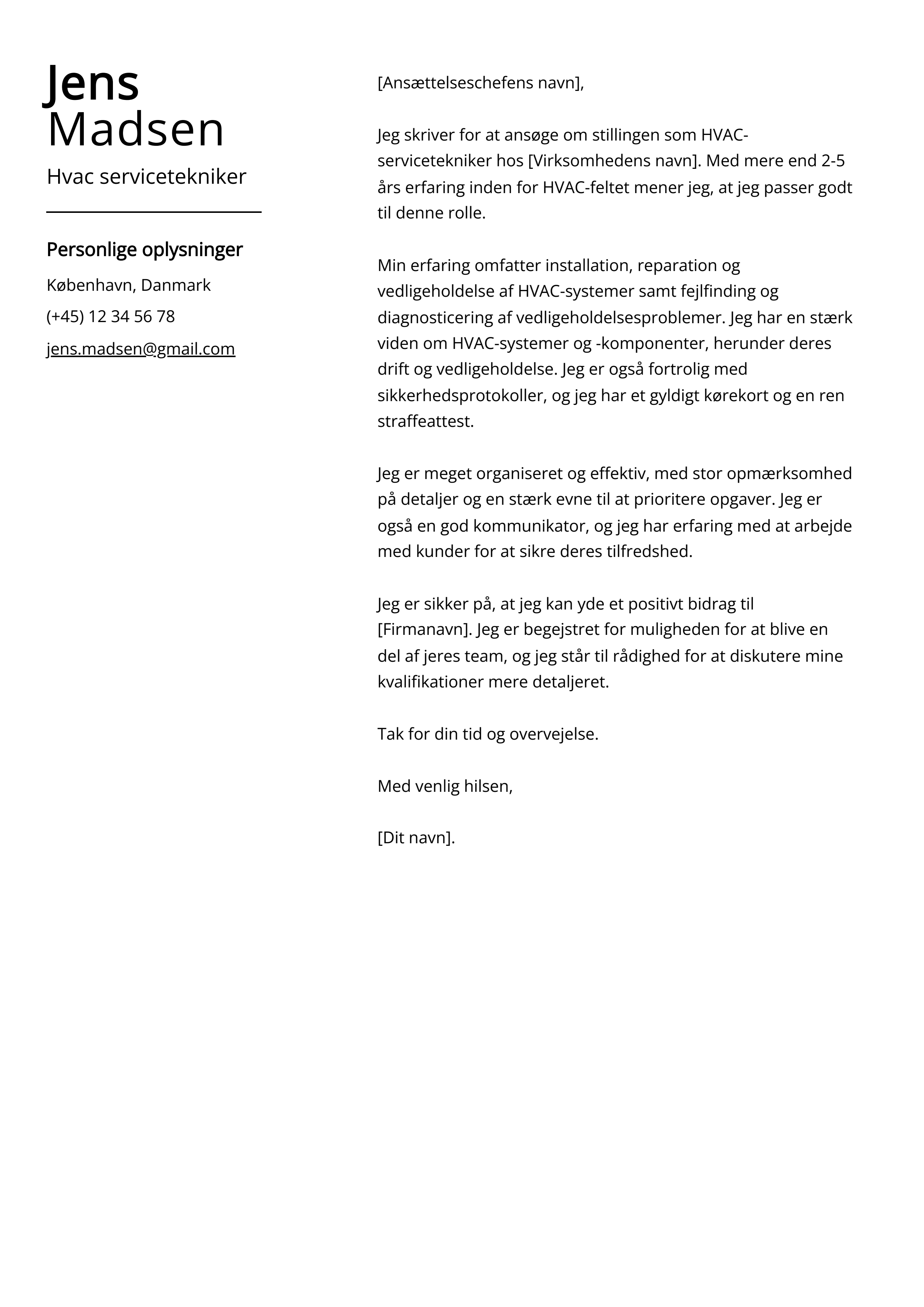 Hvac servicetekniker Cover Letter Eksempel