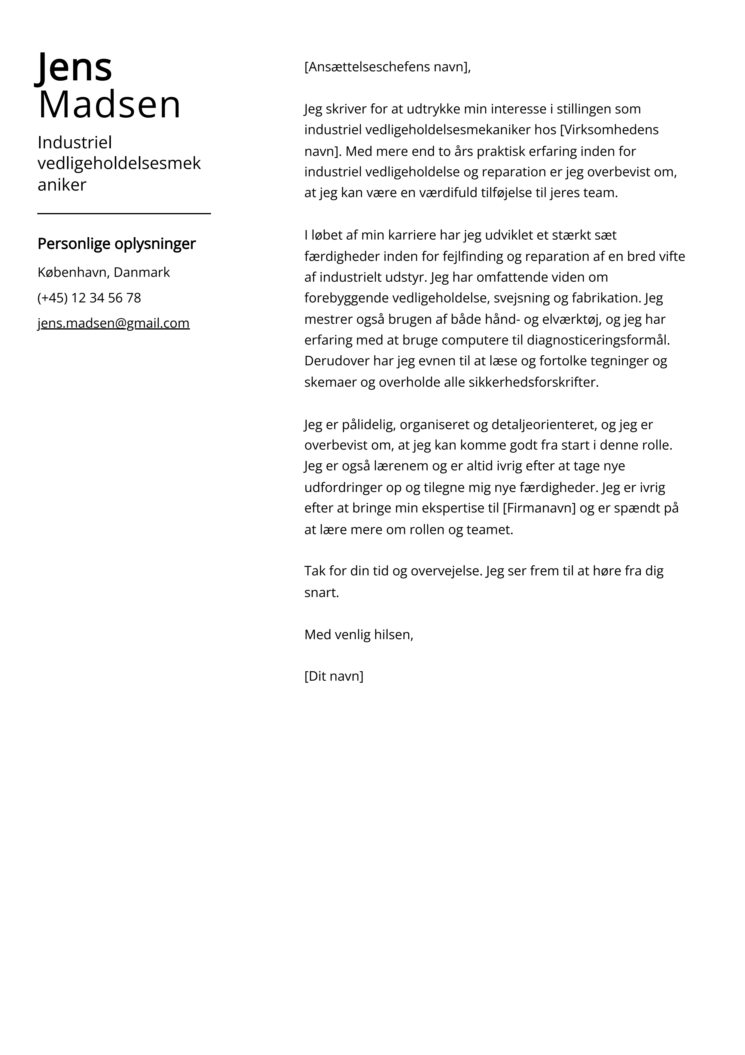 Industriel vedligeholdelsesmekaniker Cover Letter Example