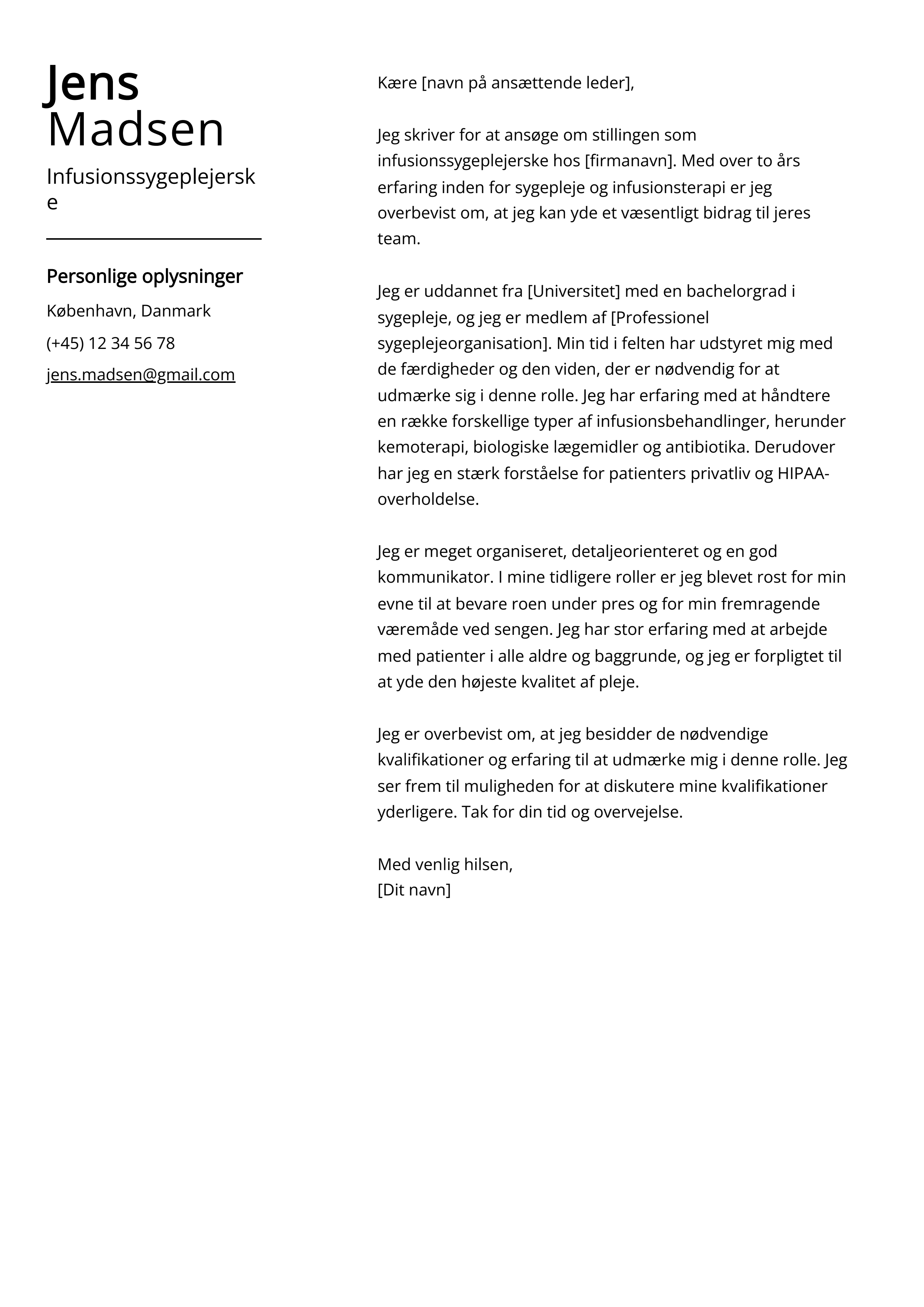 Infusionssygeplejerske Cover Letter Example