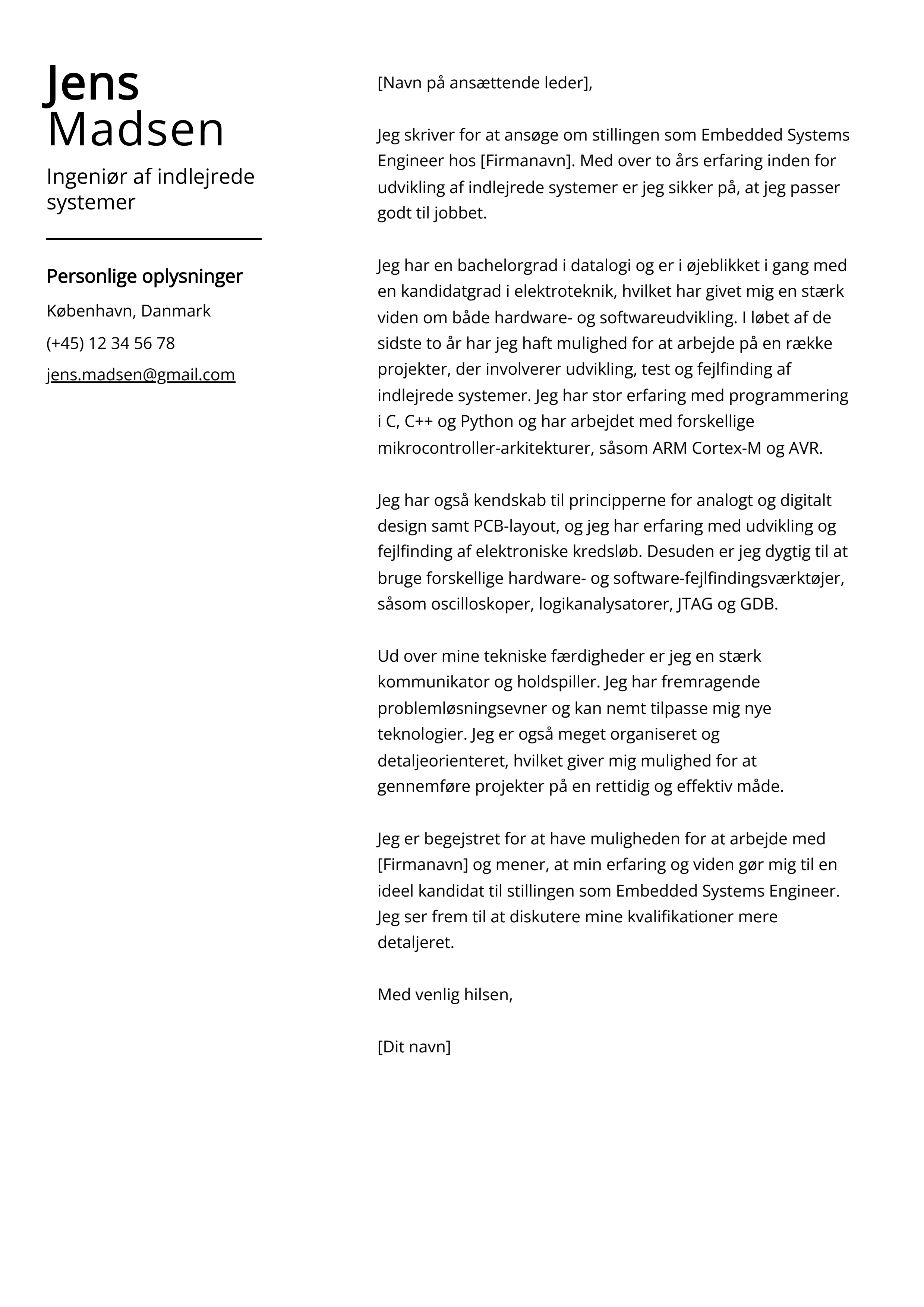 Ingeniør af indlejrede systemer Cover Letter Example