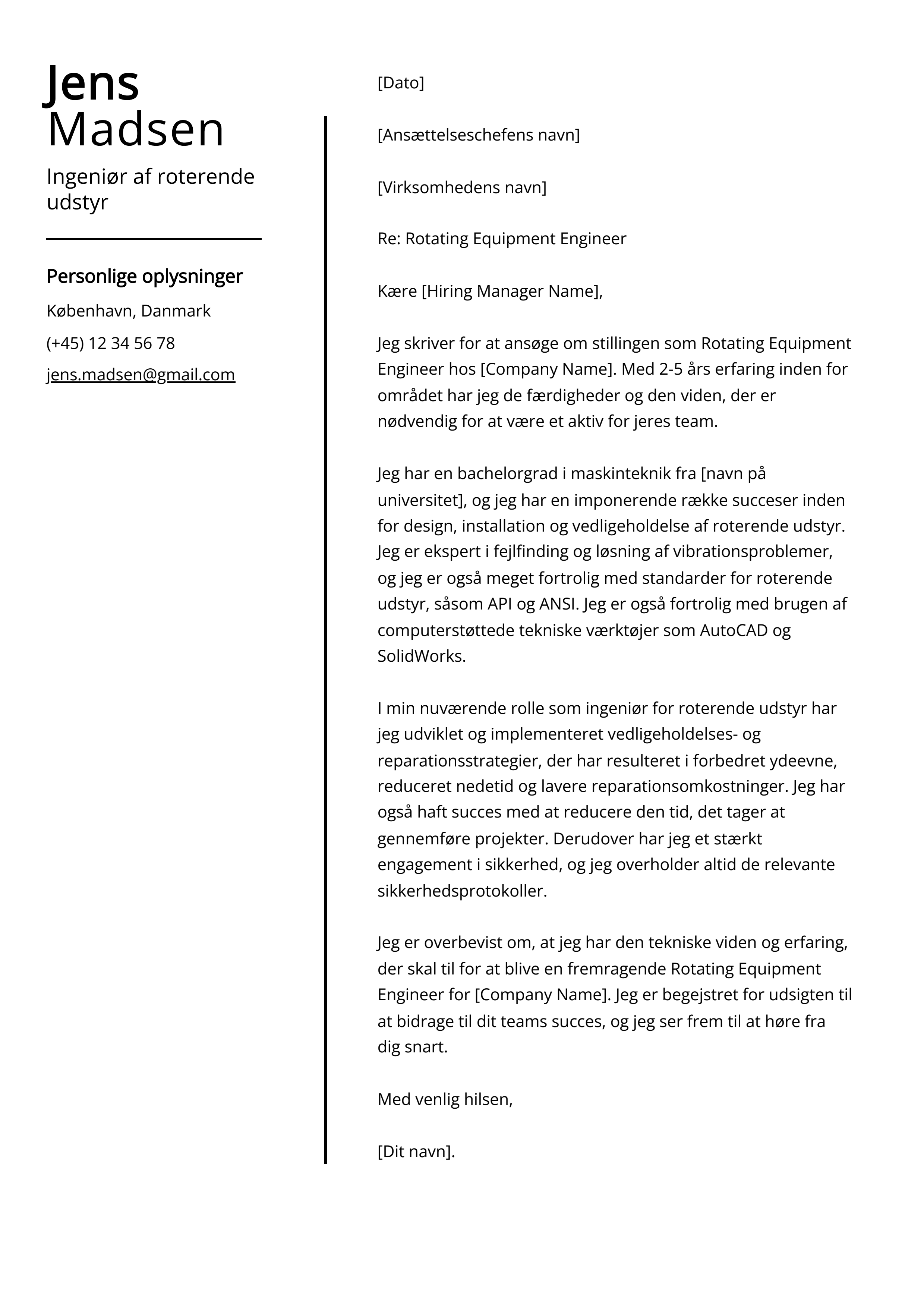 Ingeniør af roterende udstyr Cover Letter Example