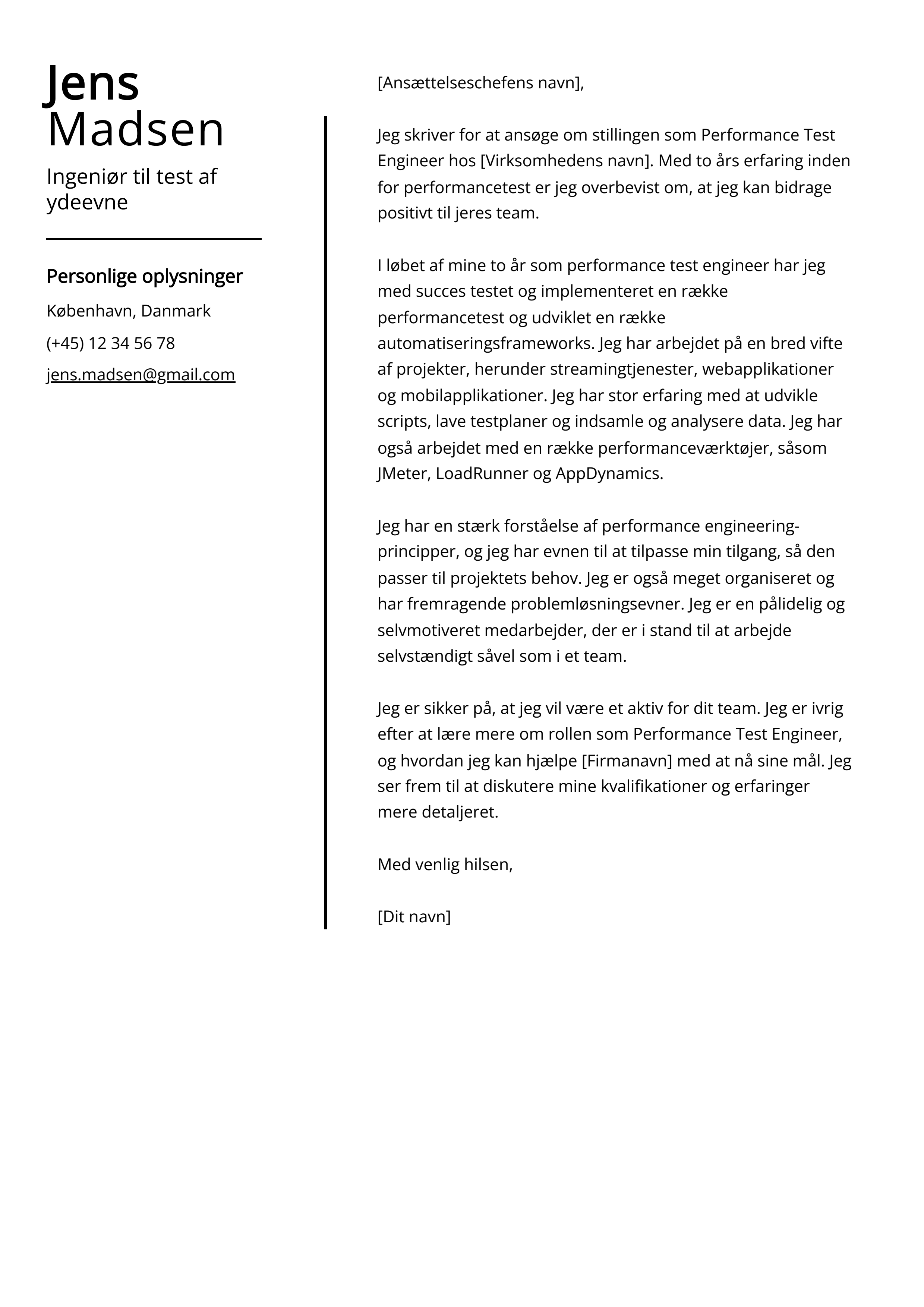 Ingeniør til test af ydeevne Cover Letter Example