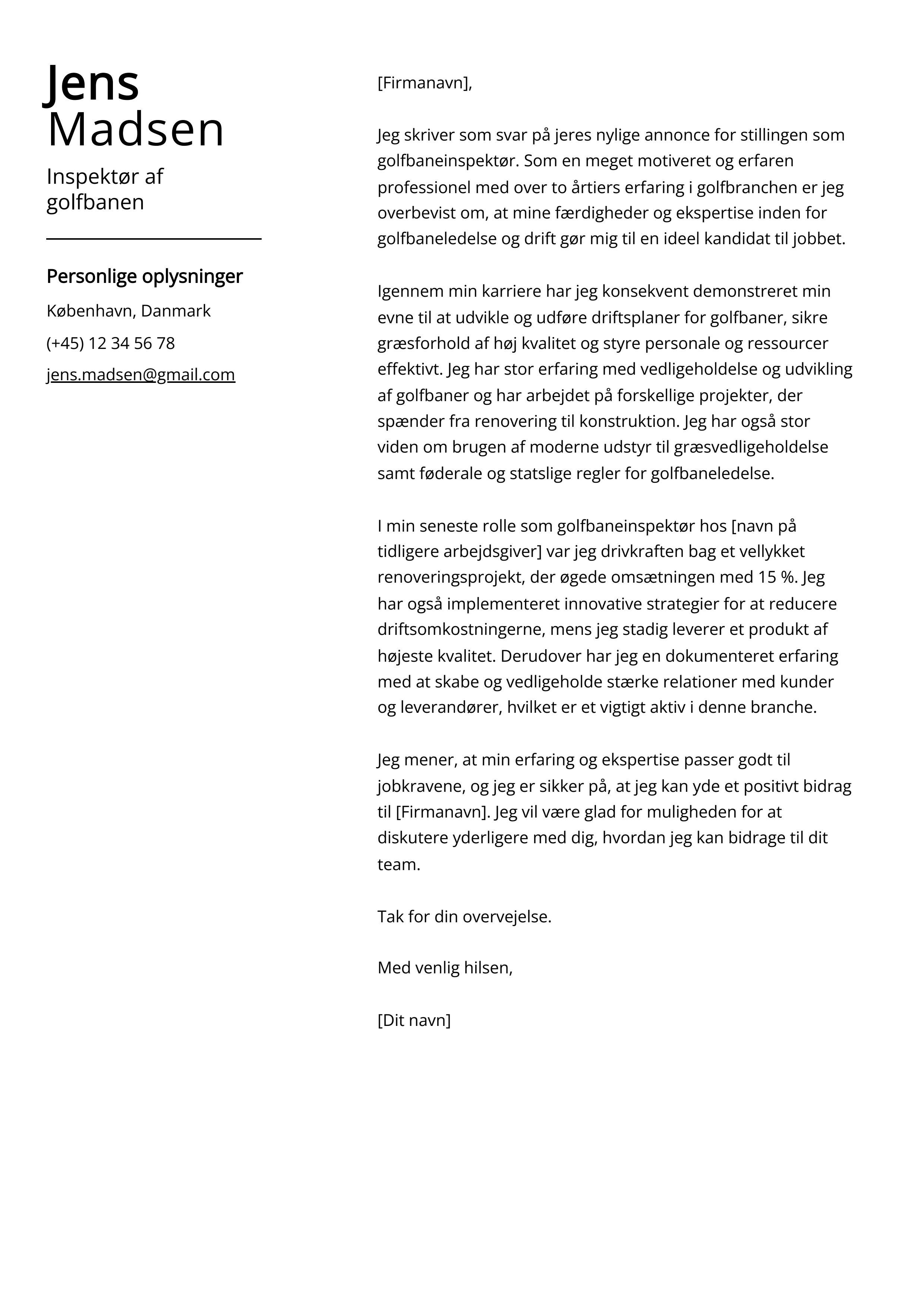 Inspektør af golfbanen Cover Letter Example