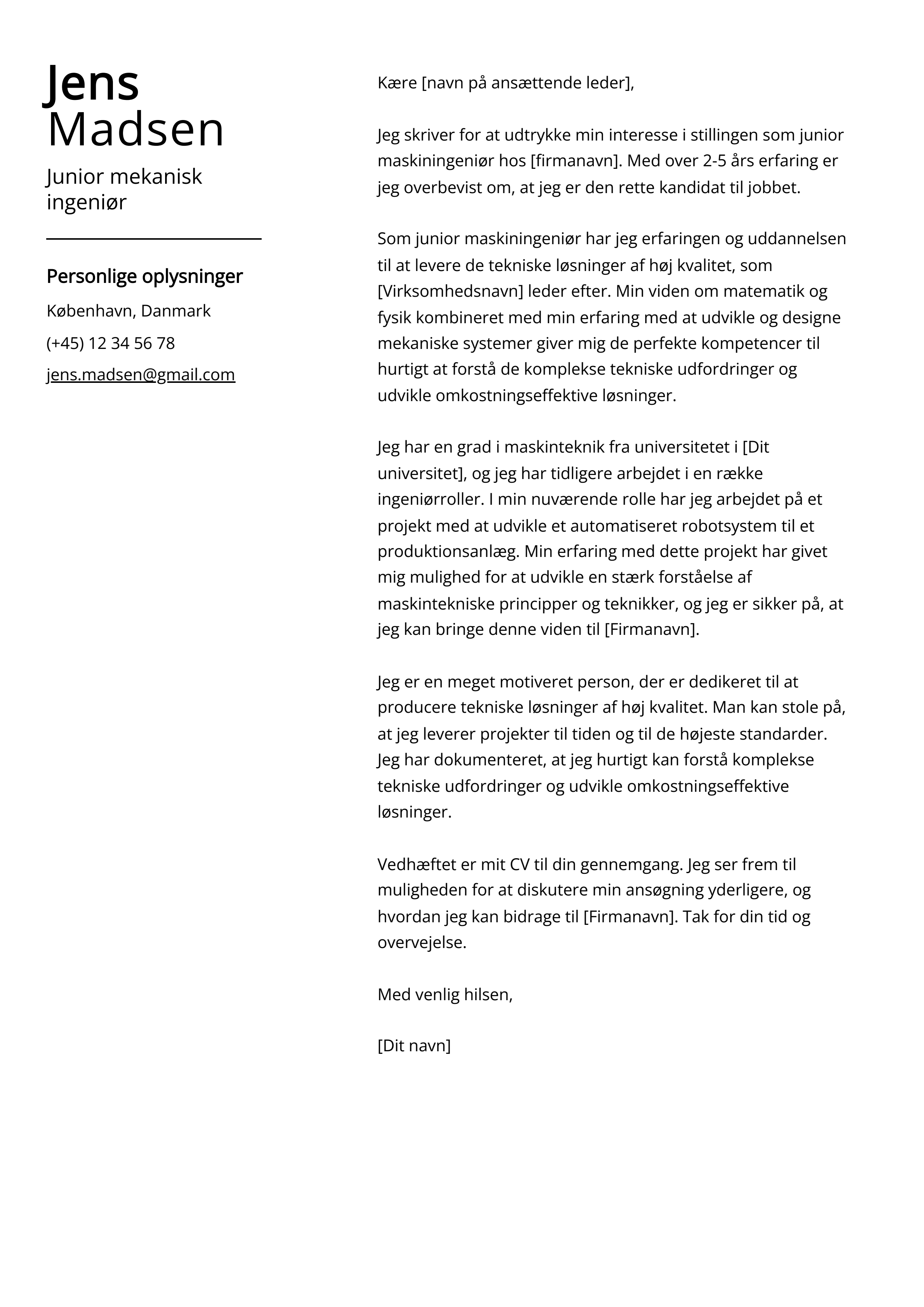 Junior mekanisk ingeniør Cover Letter Example