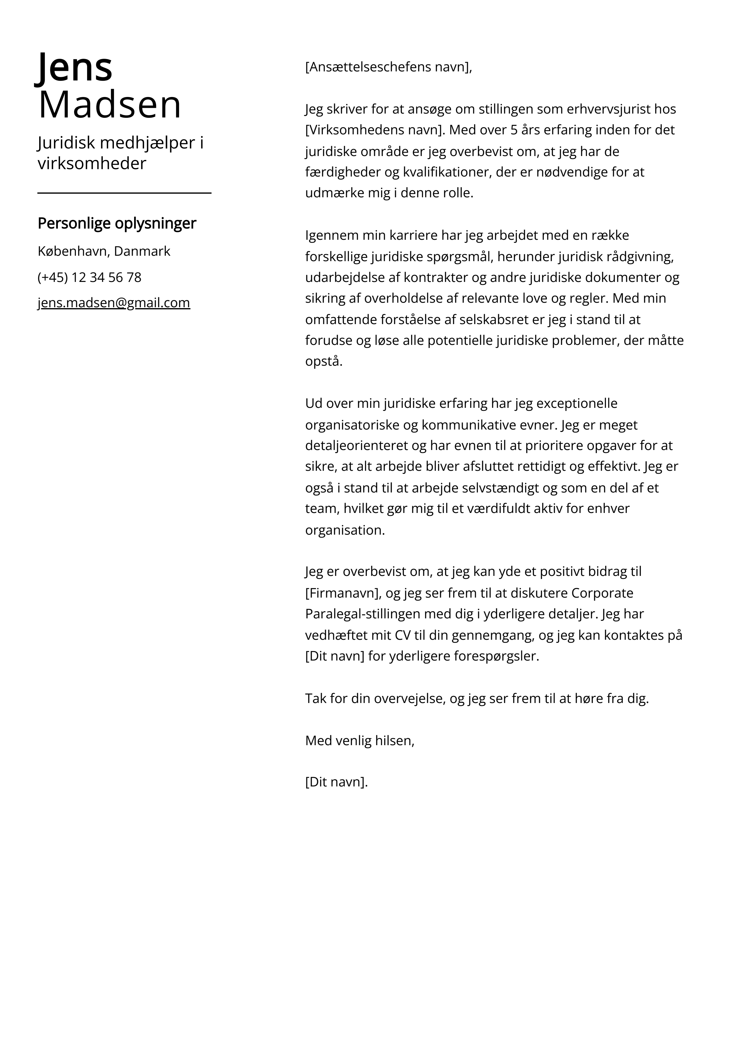 Juridisk medhjælper i virksomheder Cover Letter Example