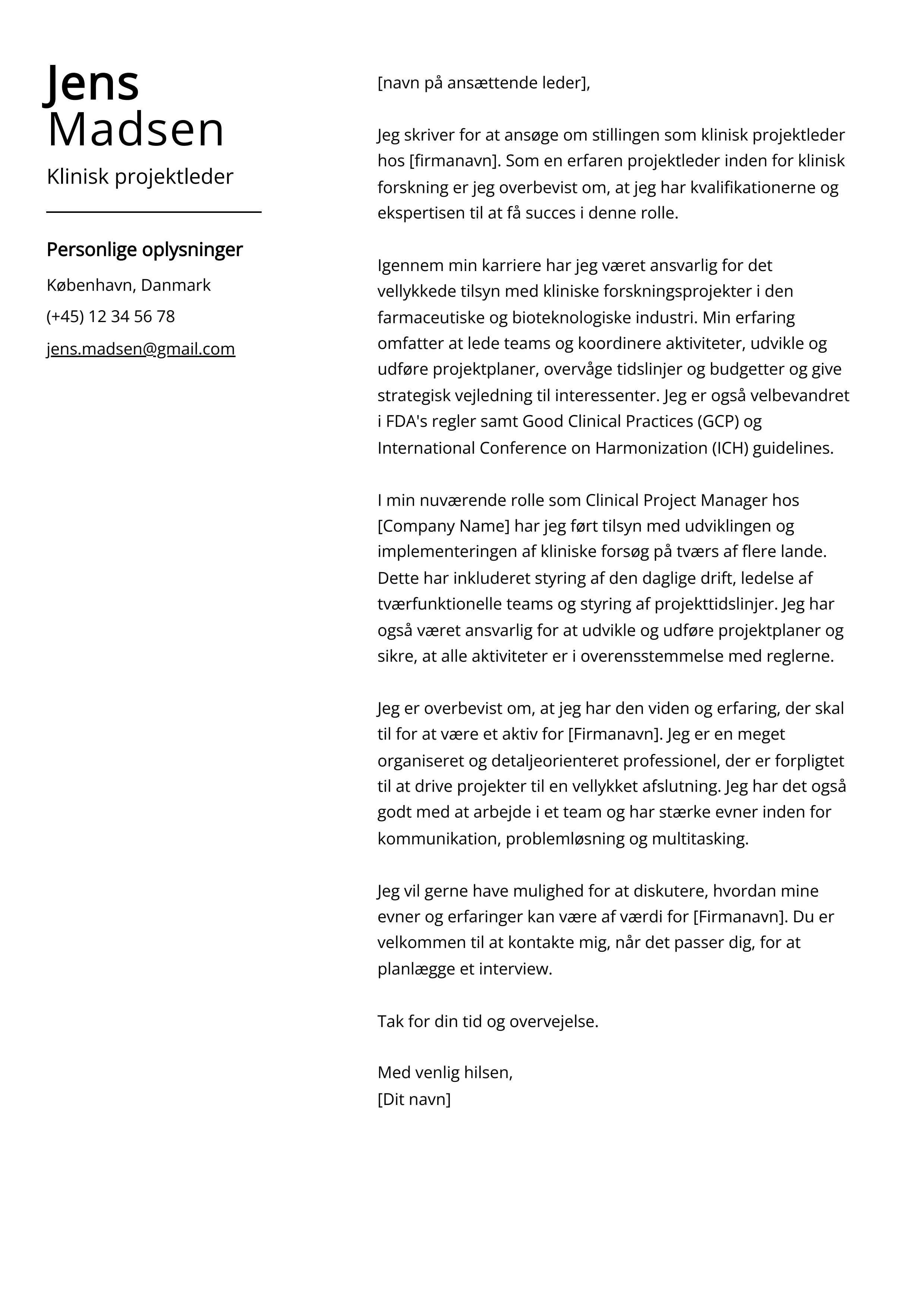 Klinisk projektleder Cover Letter Example