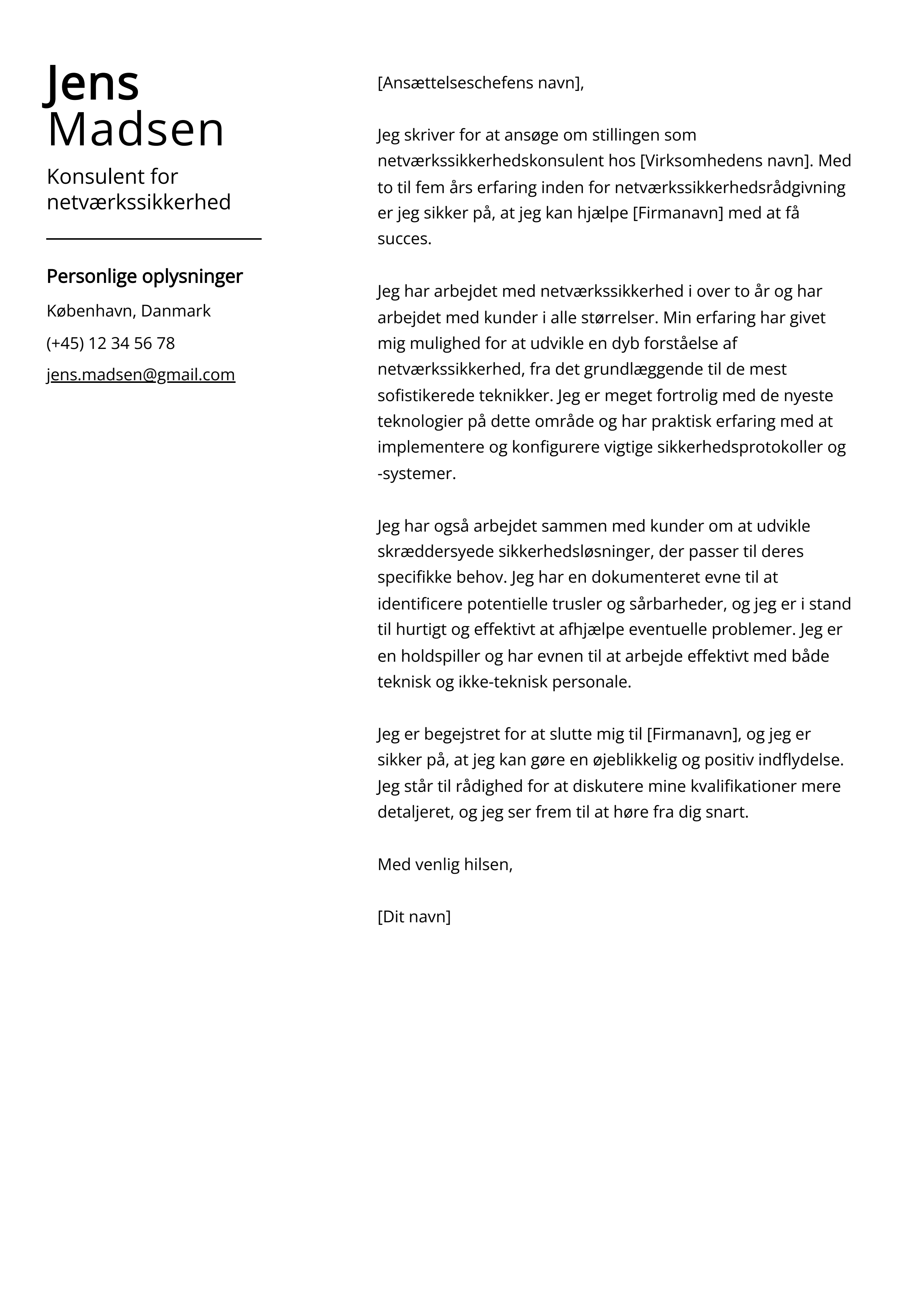 Konsulent for netværkssikkerhed Cover Letter Example