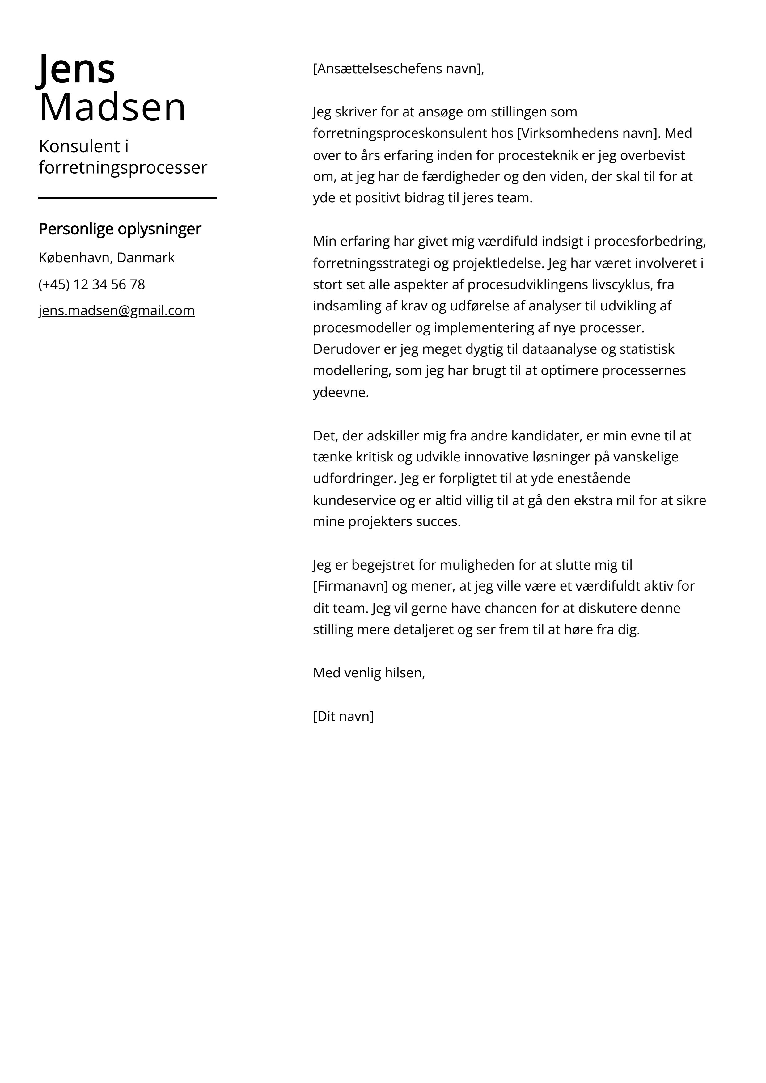 Konsulent i forretningsprocesser Cover Letter Example