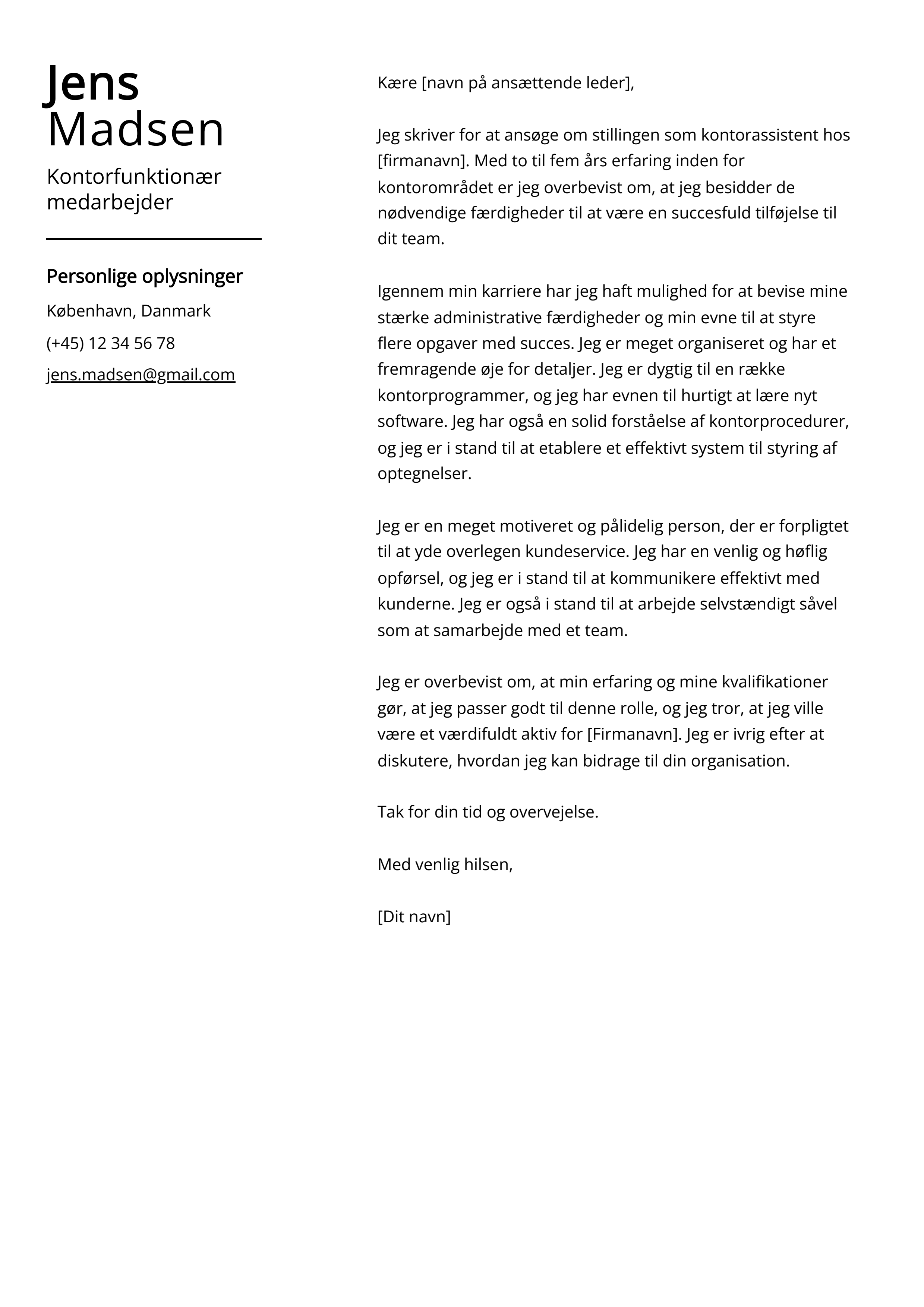 Kontorfunktionær medarbejder Cover Letter Example