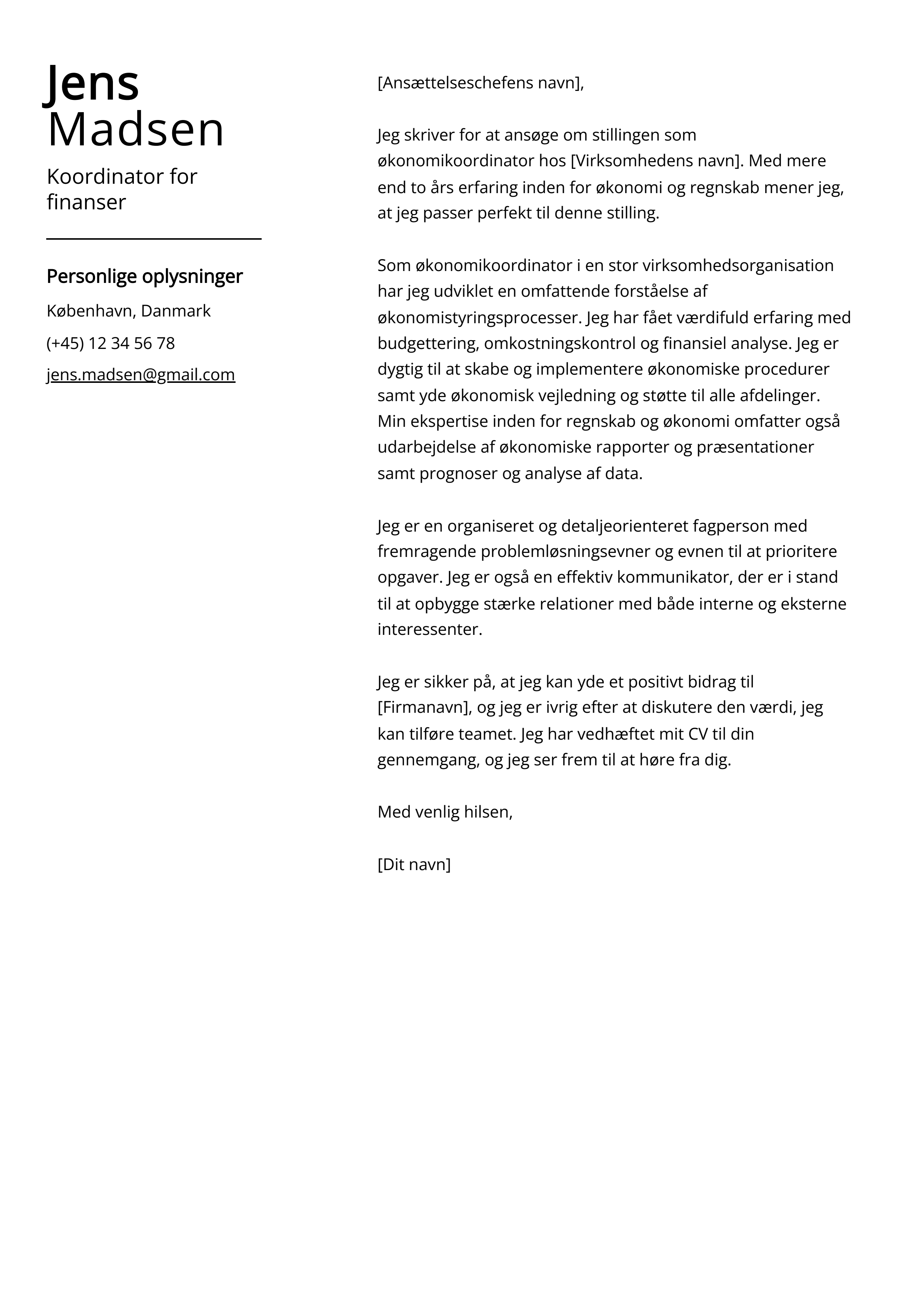 Koordinator for finanser Cover Letter Example