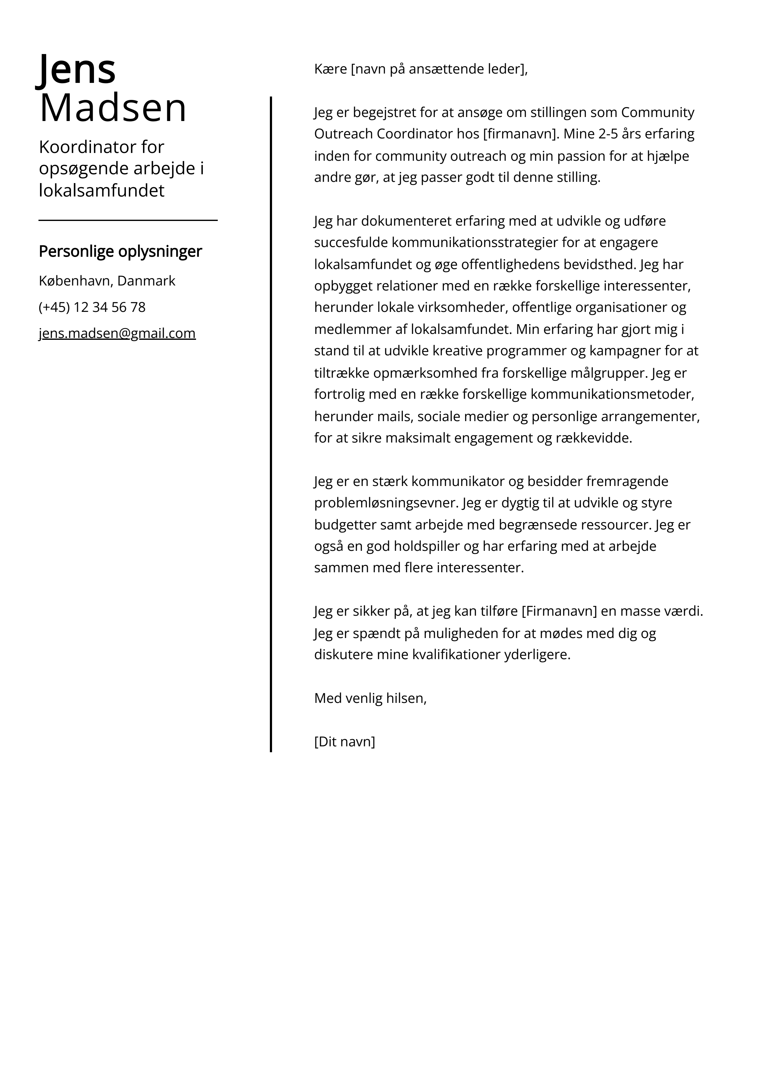 Koordinator for opsøgende arbejde i lokalsamfundet Cover Letter Example