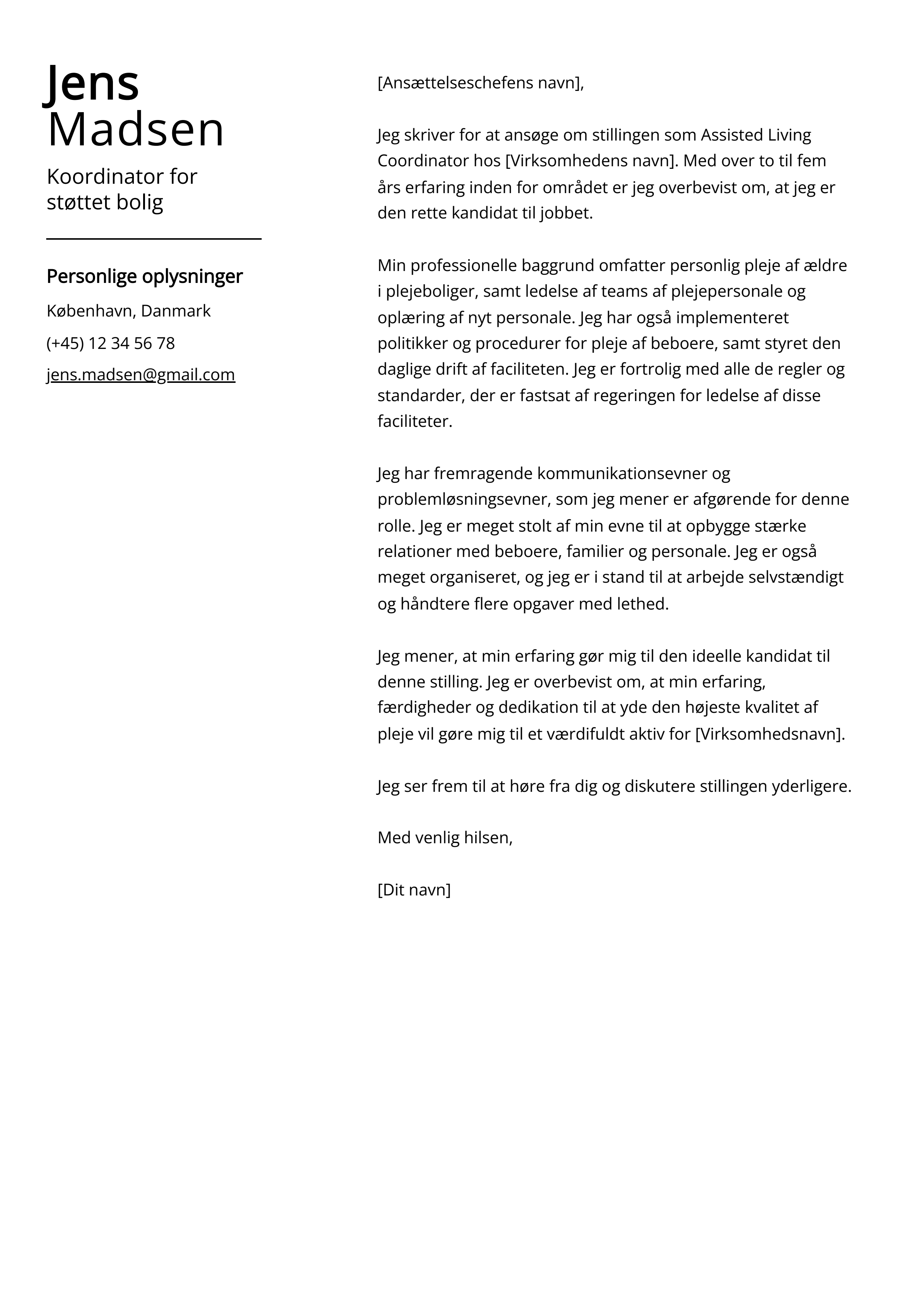 Koordinator for støttet bolig Cover Letter Example