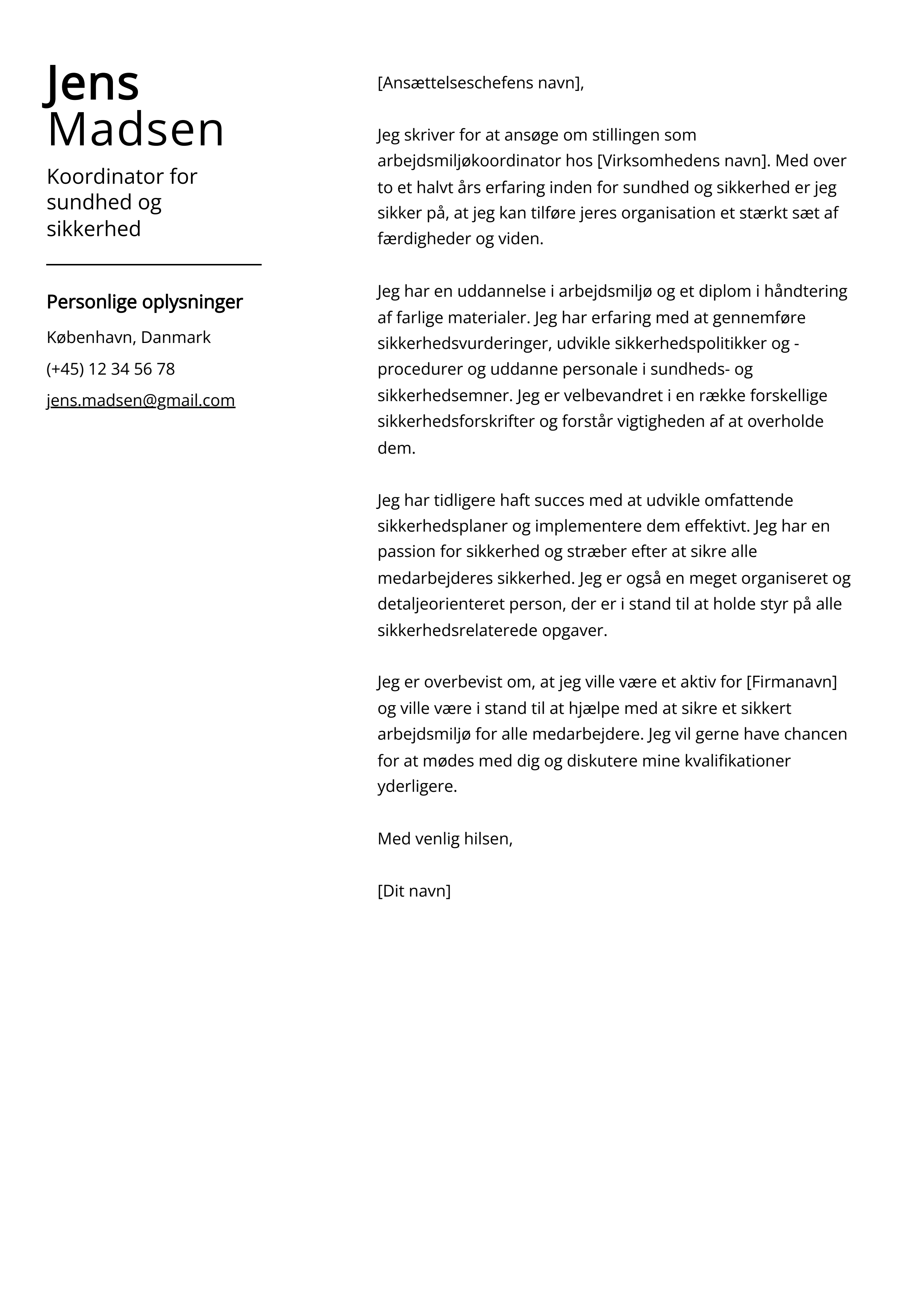 Koordinator for sundhed og sikkerhed Cover Letter Example