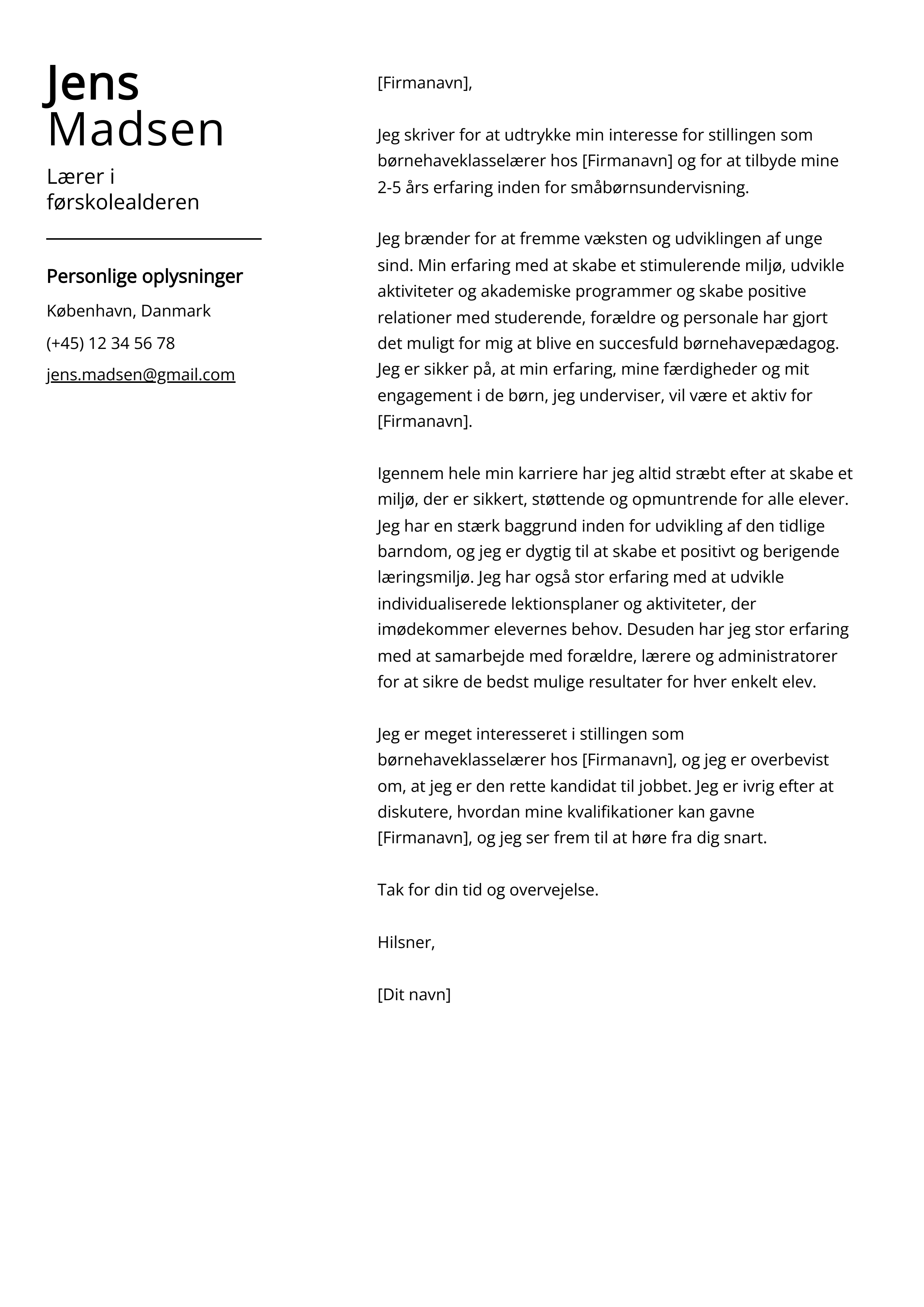 Lærer i førskolealderen Cover Letter Example