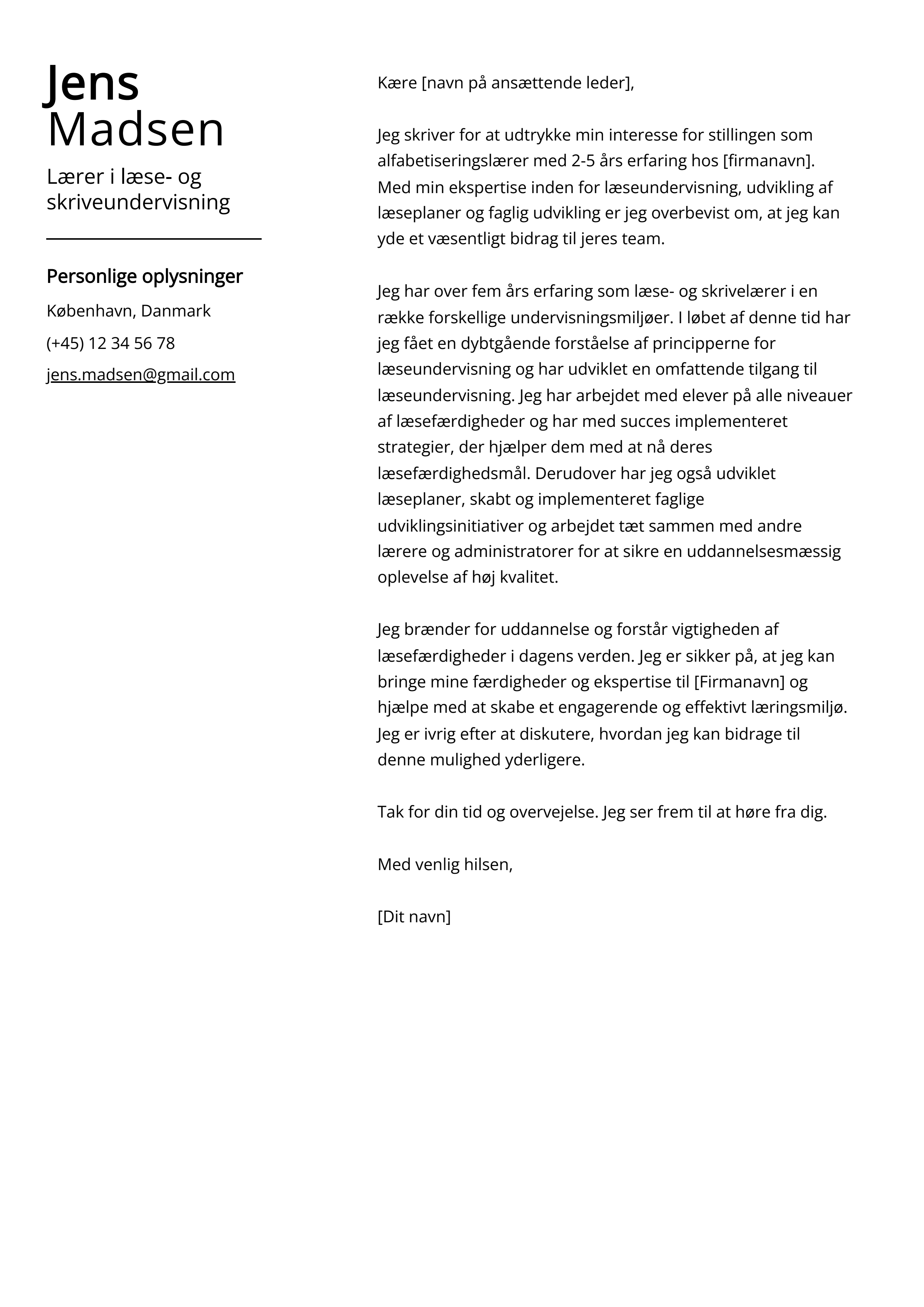 Lærer i læse- og skriveundervisning Cover Letter Example