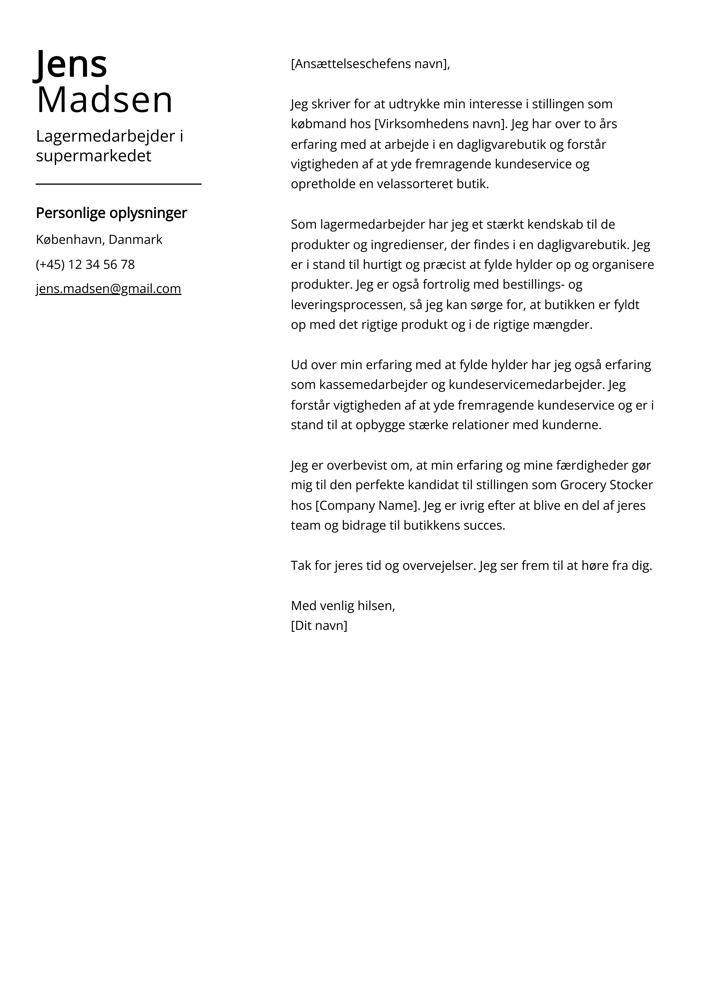 Lagermedarbejder i supermarkedet Cover Letter Example