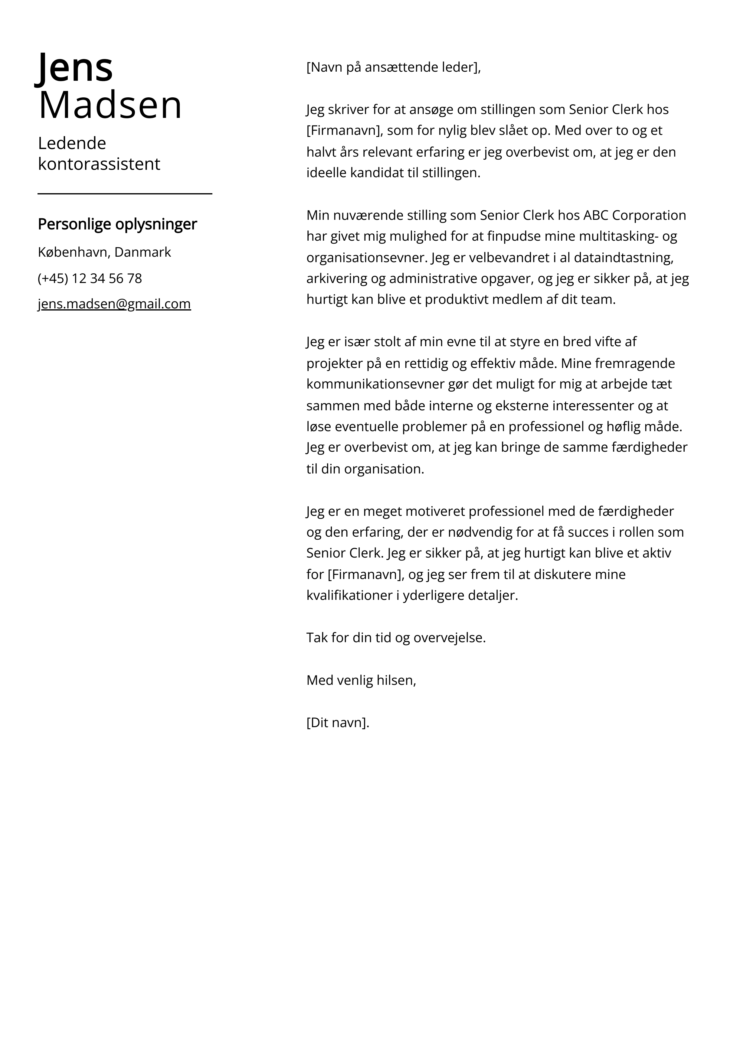 Ledende kontorassistent Cover Letter Example