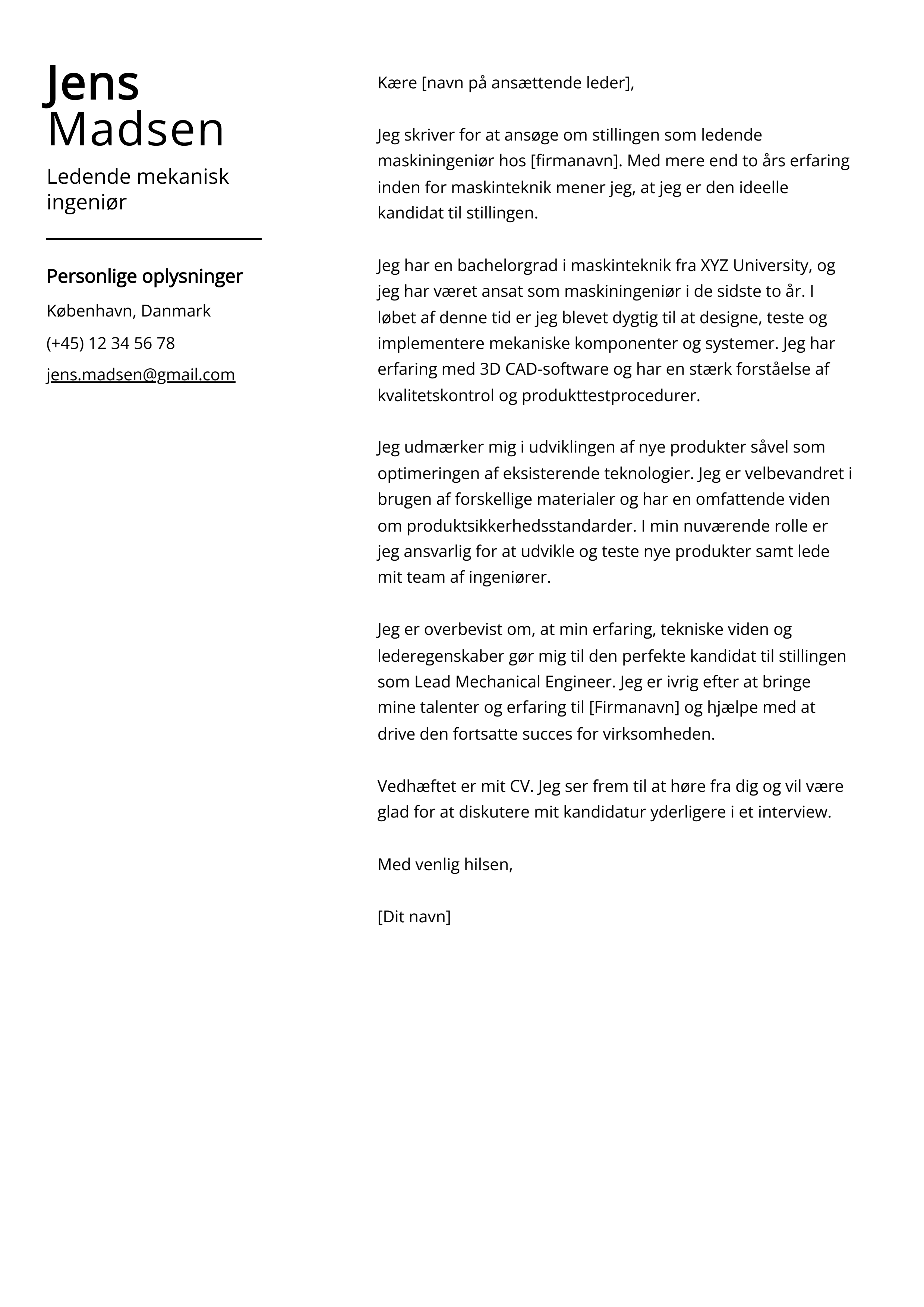 Ledende mekanisk ingeniør Cover Letter Example