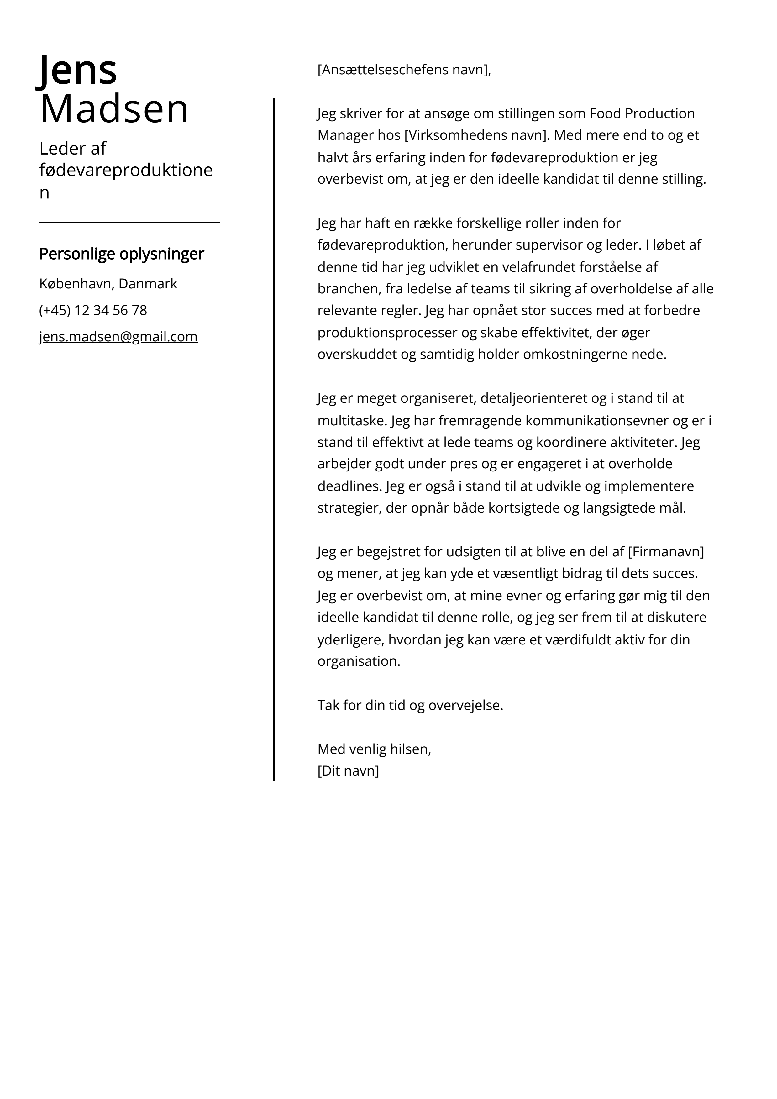 Leder af fødevareproduktionen Cover Letter Example