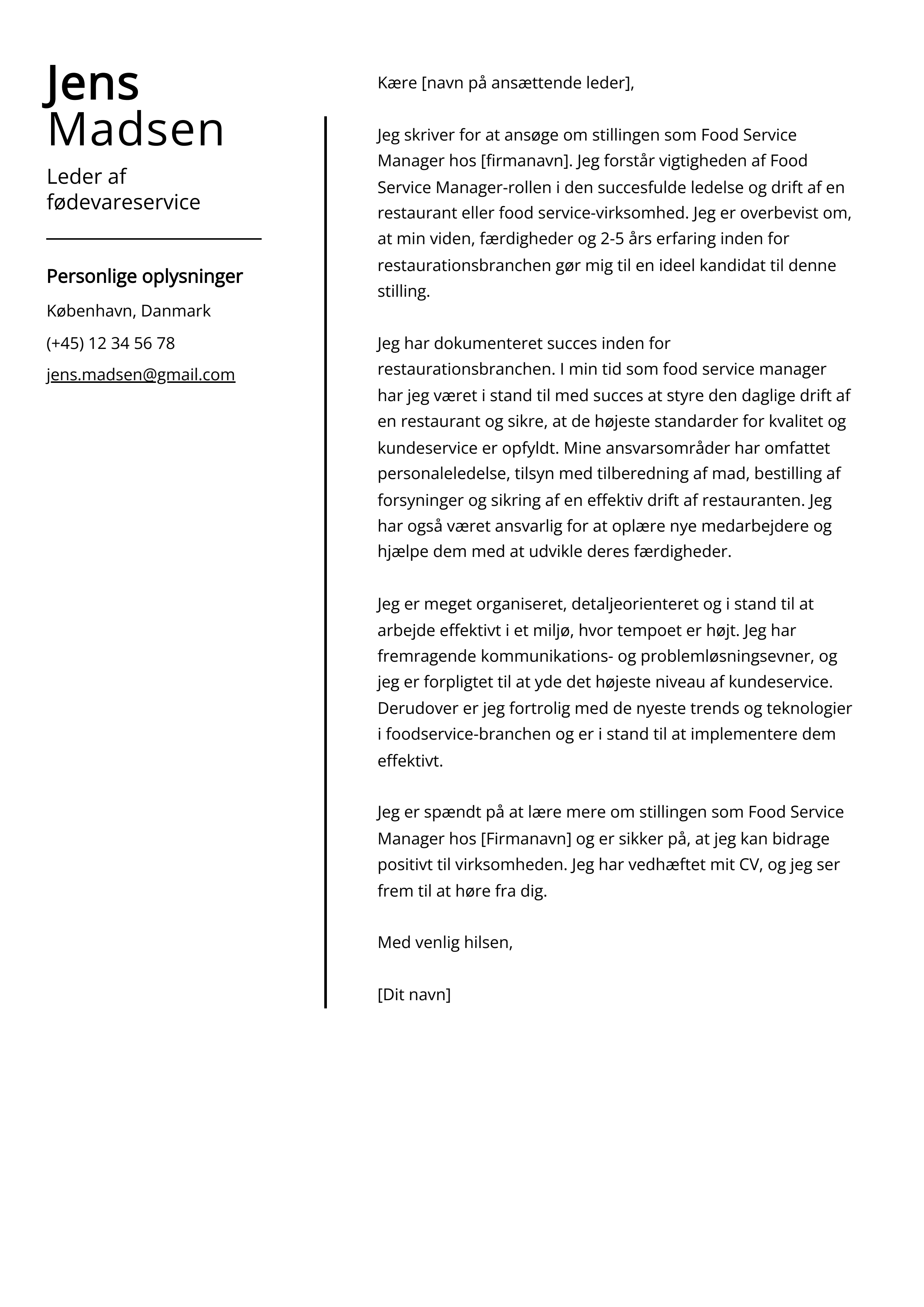 Leder af fødevareservice Cover Letter Example