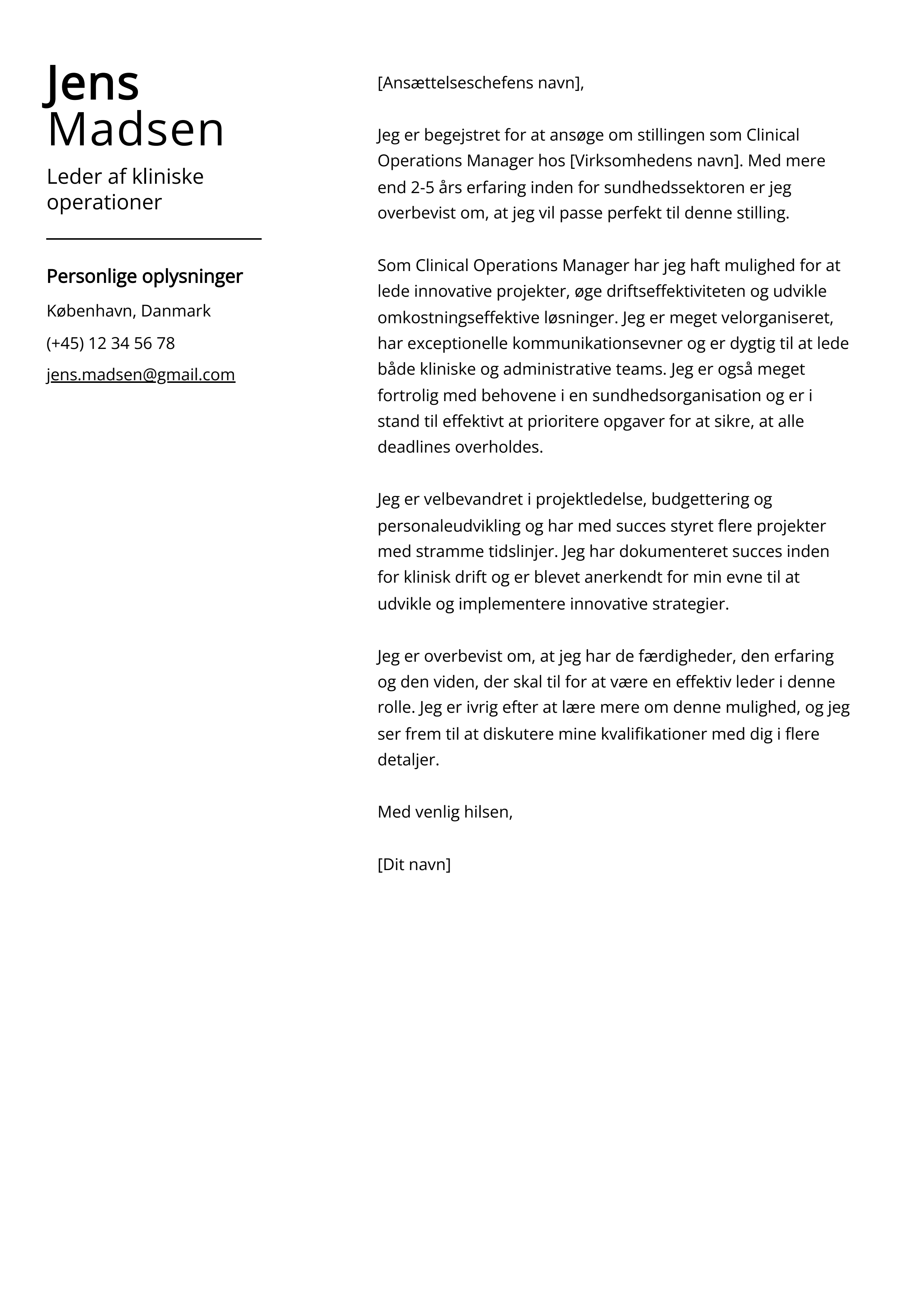 Leder af kliniske operationer Cover Letter Example