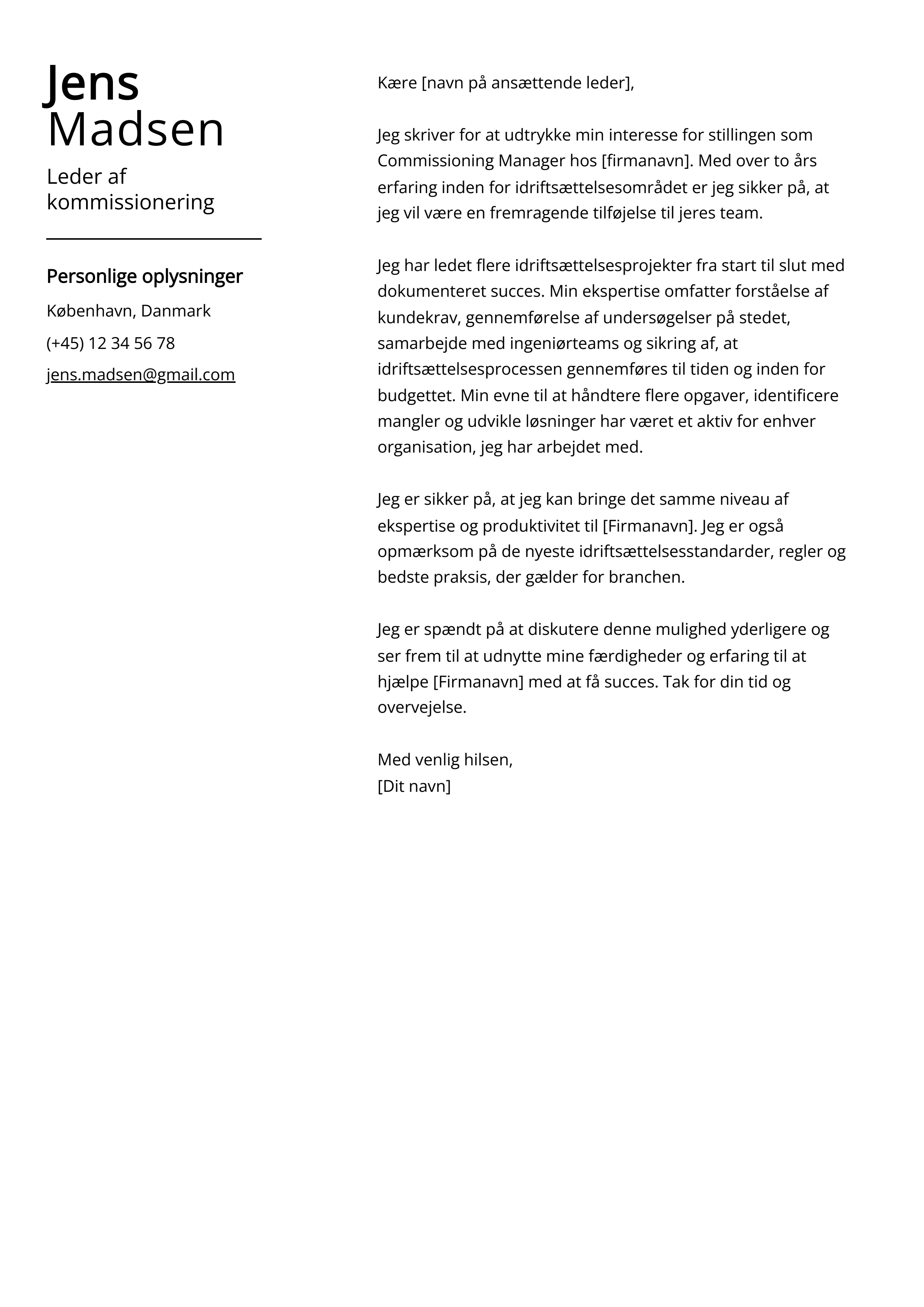 Leder af kommissionering Cover Letter Example