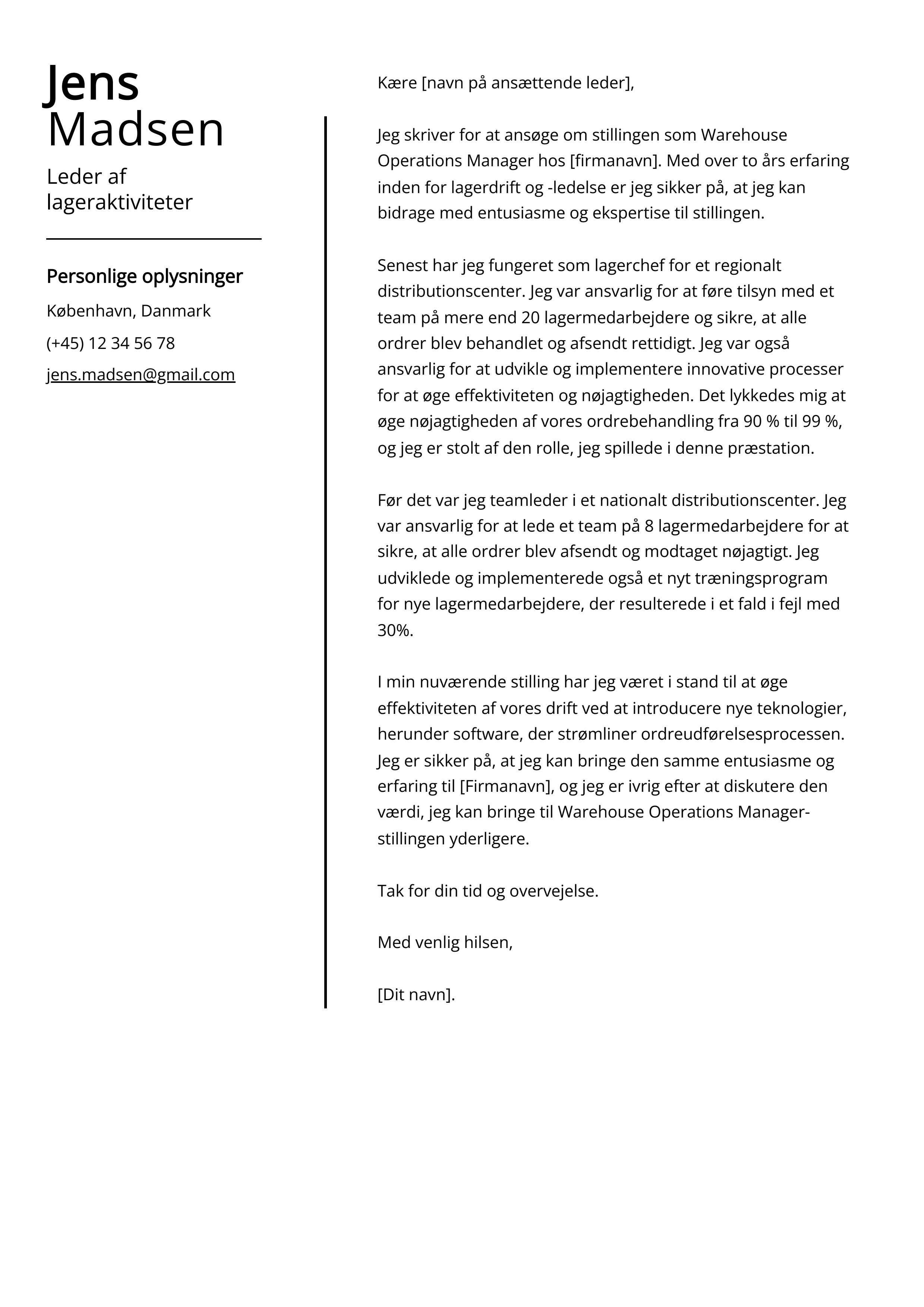 Leder af lageraktiviteter Cover Letter Example