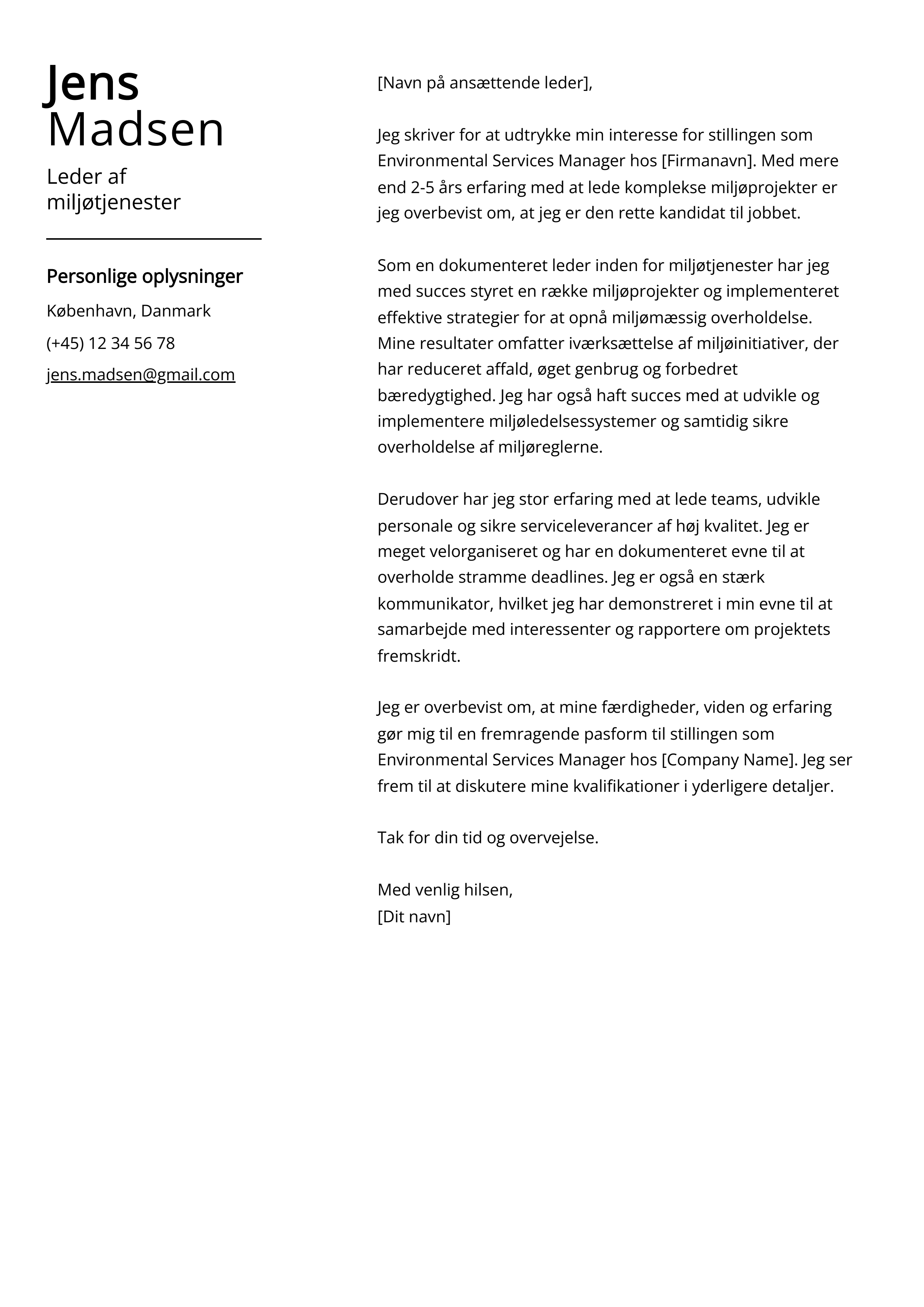 Leder af miljøtjenester Cover Letter Example