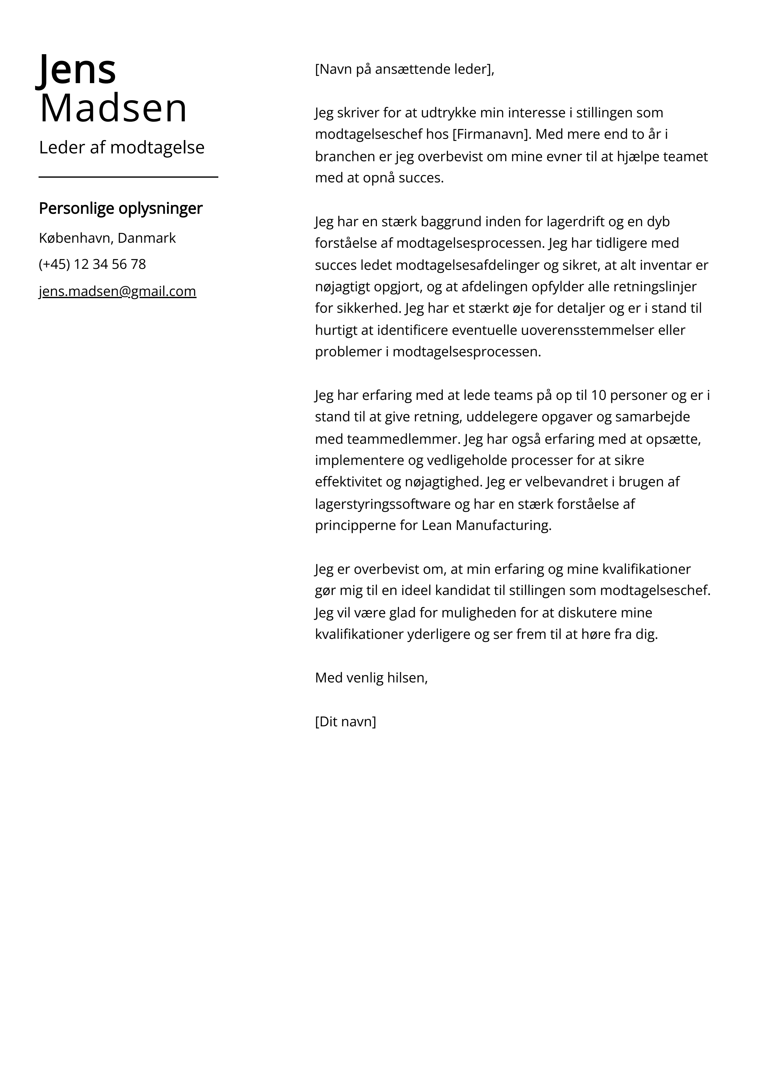 Leder af modtagelse Cover Letter Example