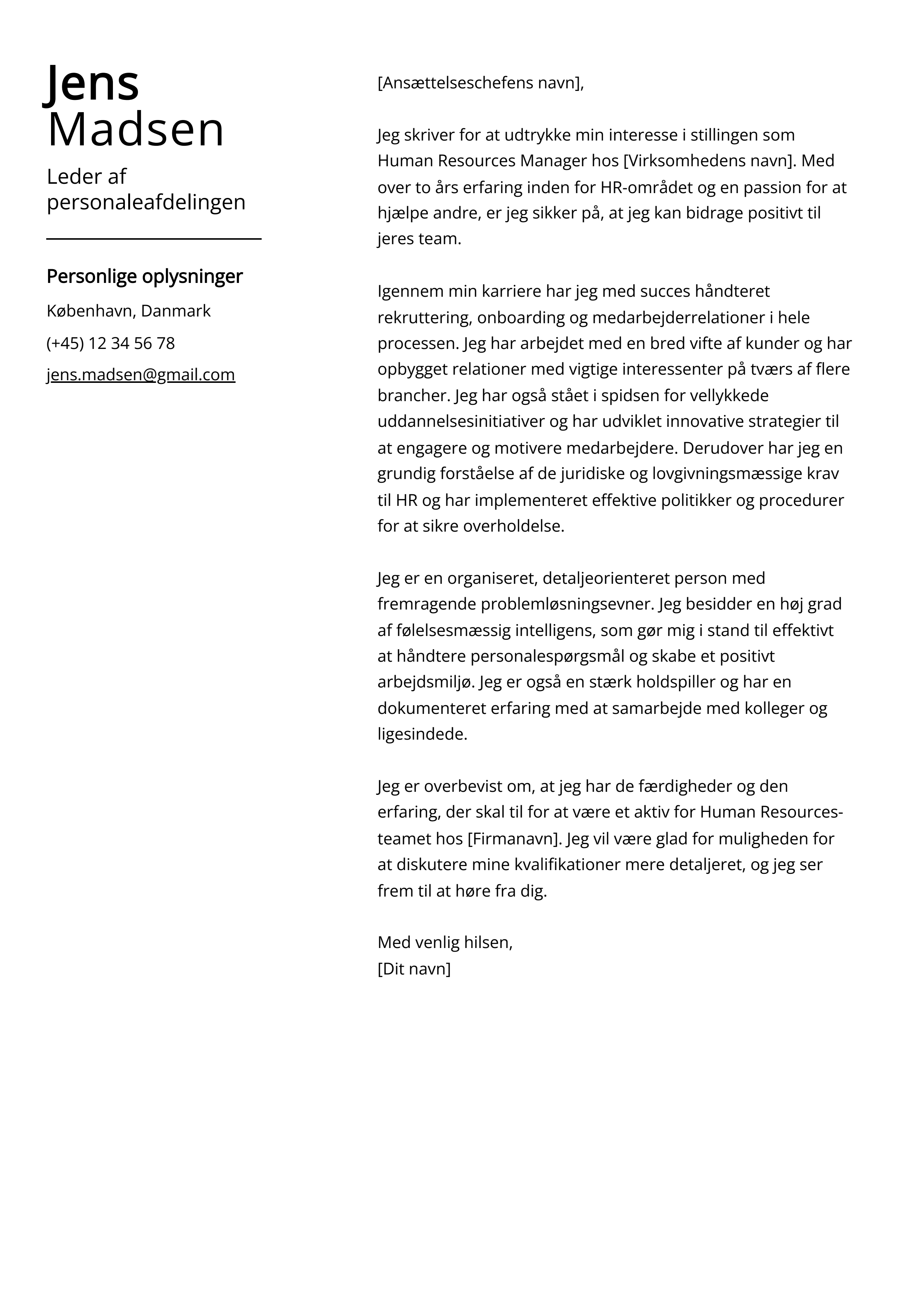 Leder af personaleafdelingen Cover Letter Example