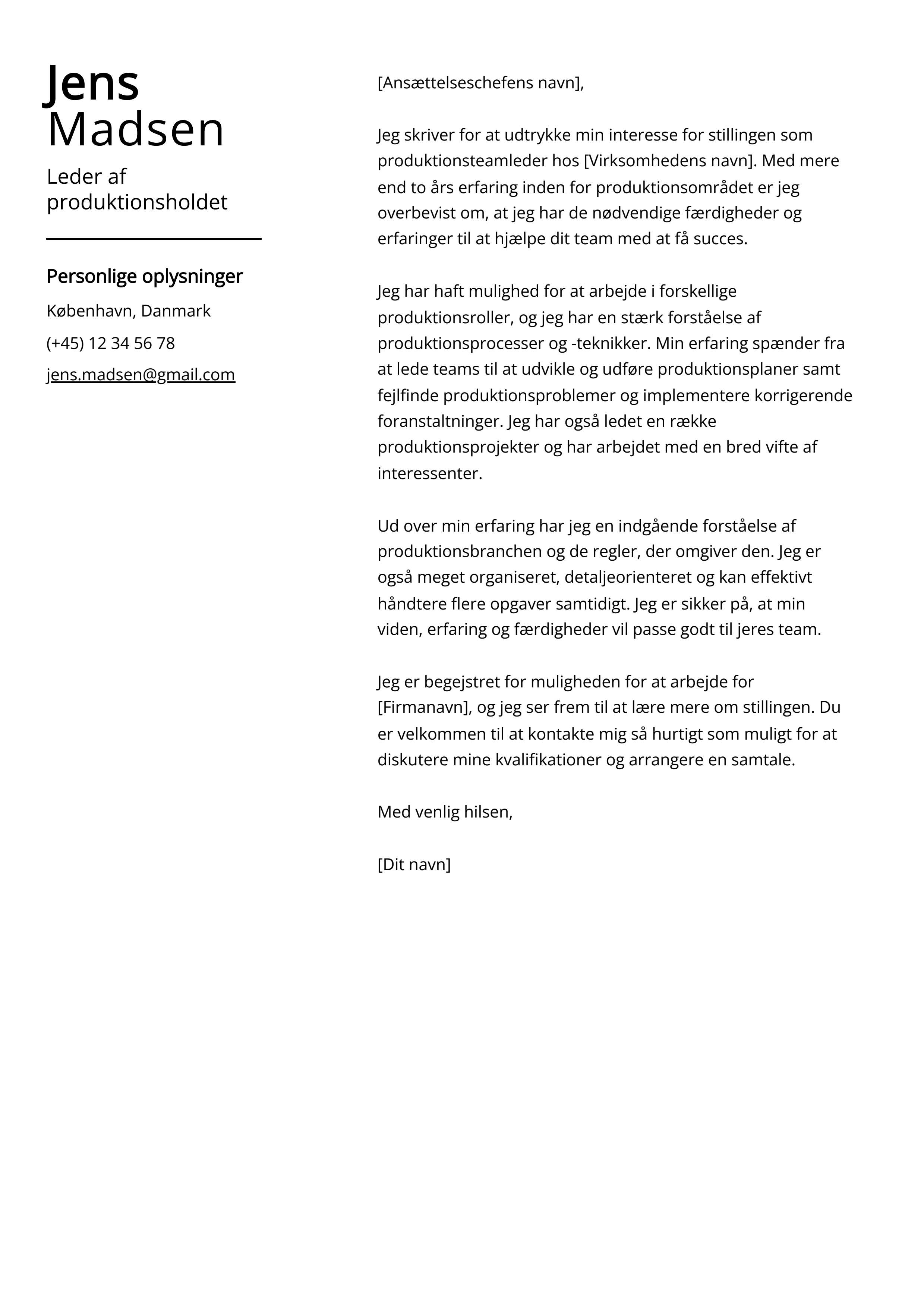 Leder af produktionsholdet Cover Letter Example