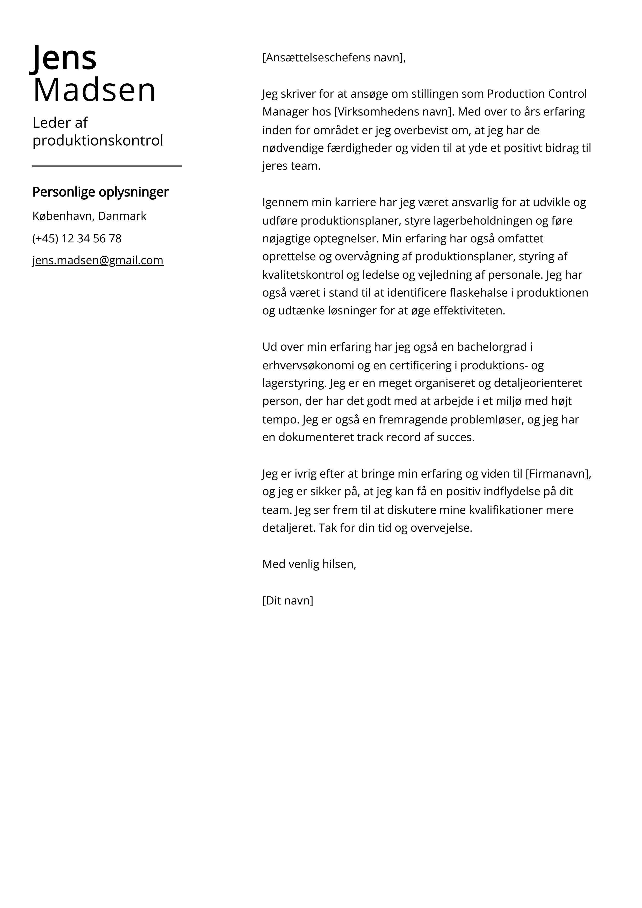 Leder af produktionskontrol Cover Letter Example