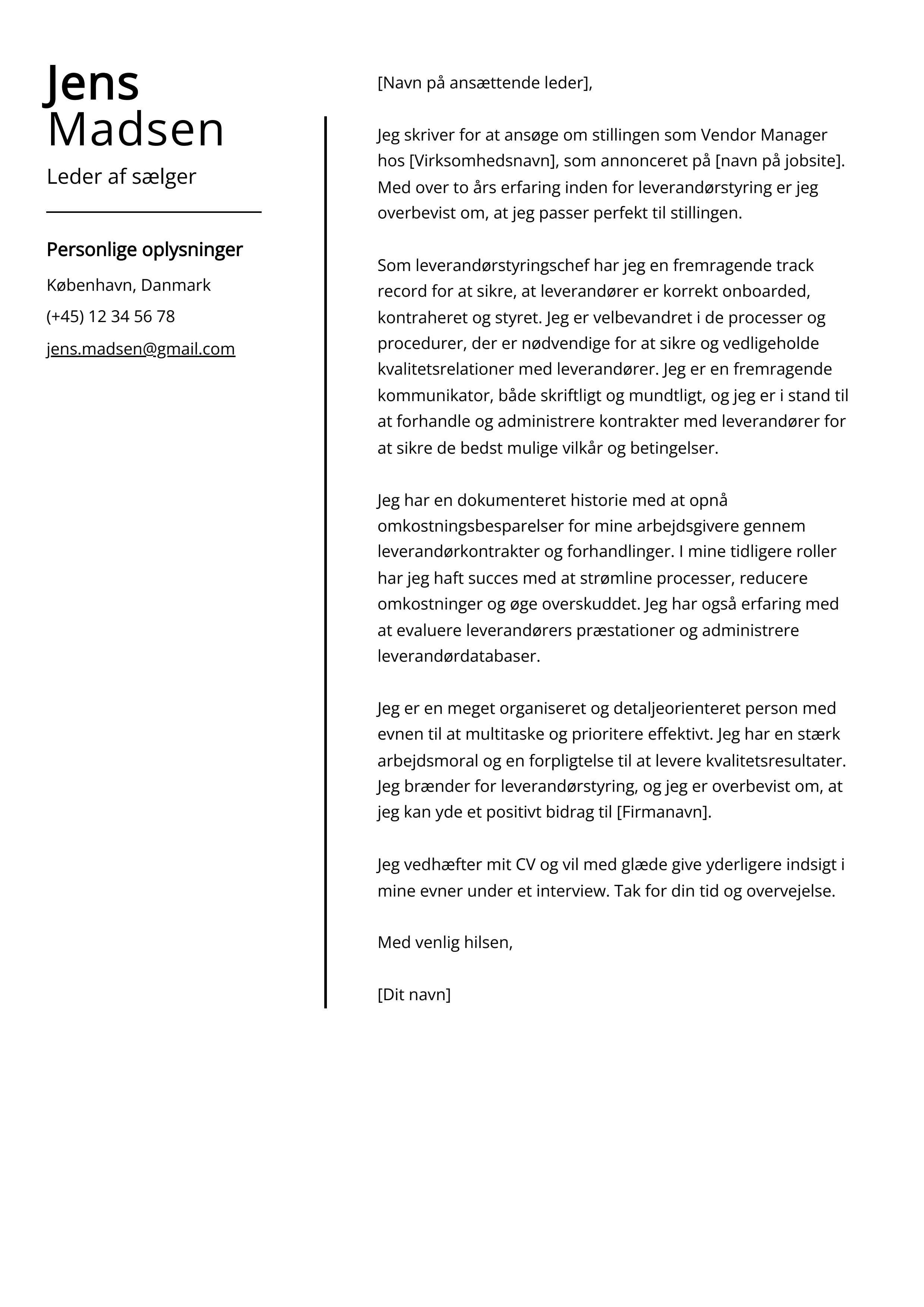 Leder af sælger Cover Letter Example