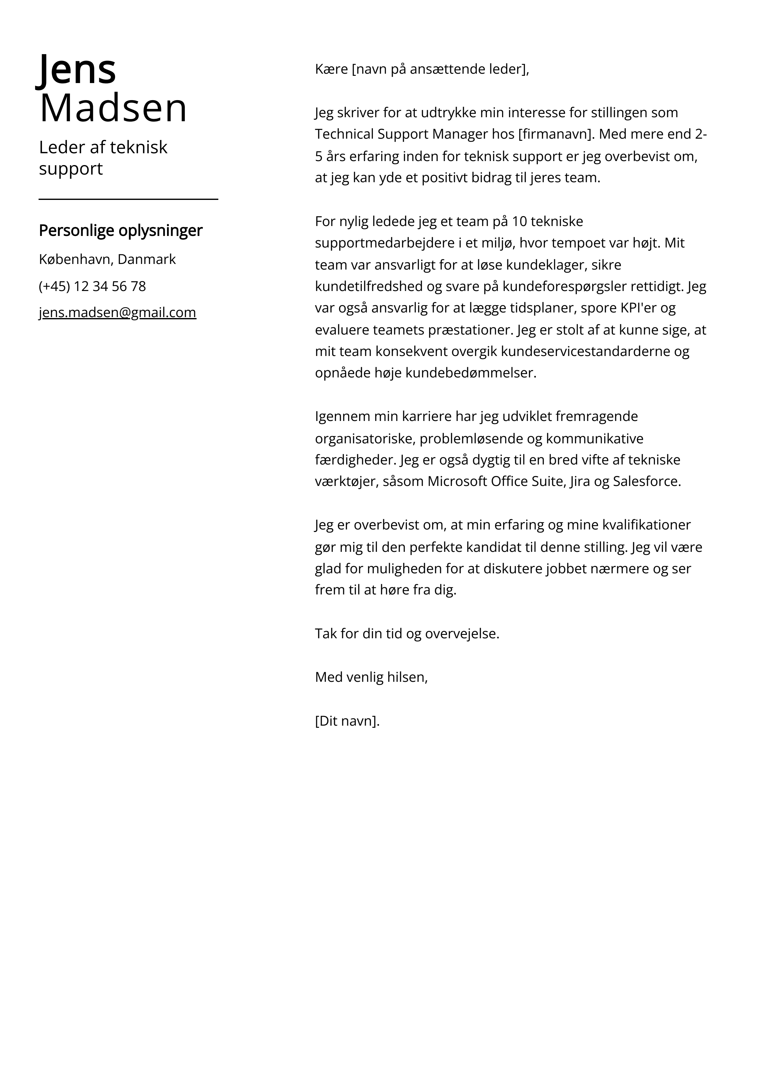 Leder af teknisk support Cover Letter Example