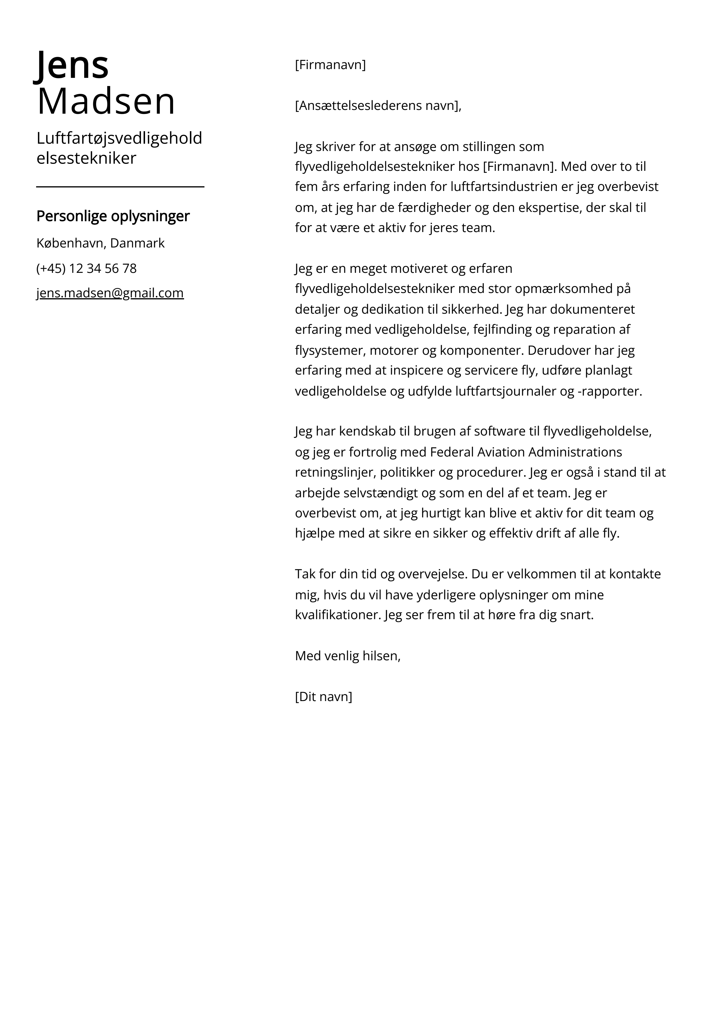 Luftfartøjsvedligeholdelsestekniker Cover Letter Example