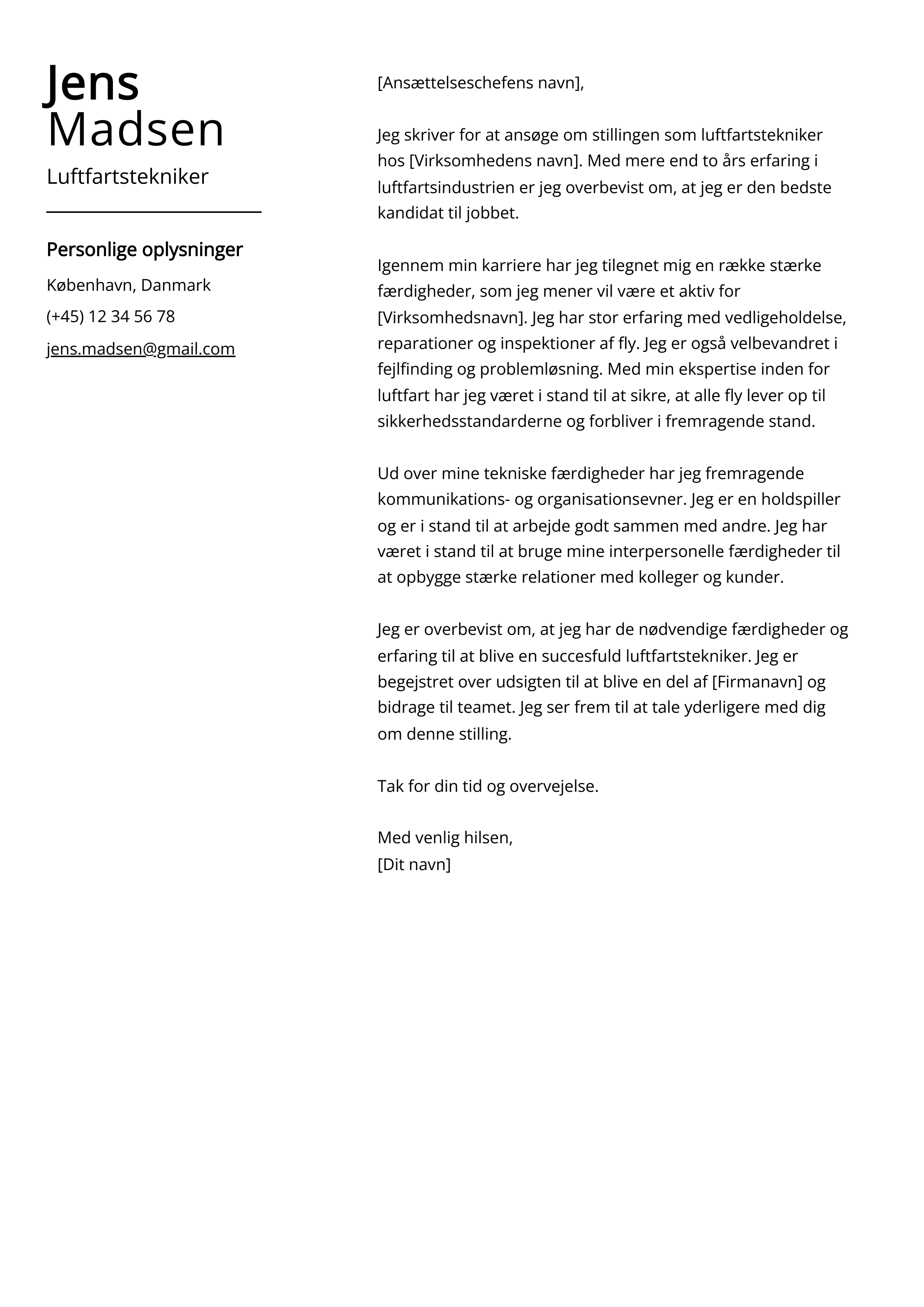 Luftfartstekniker Cover Letter Eksempel