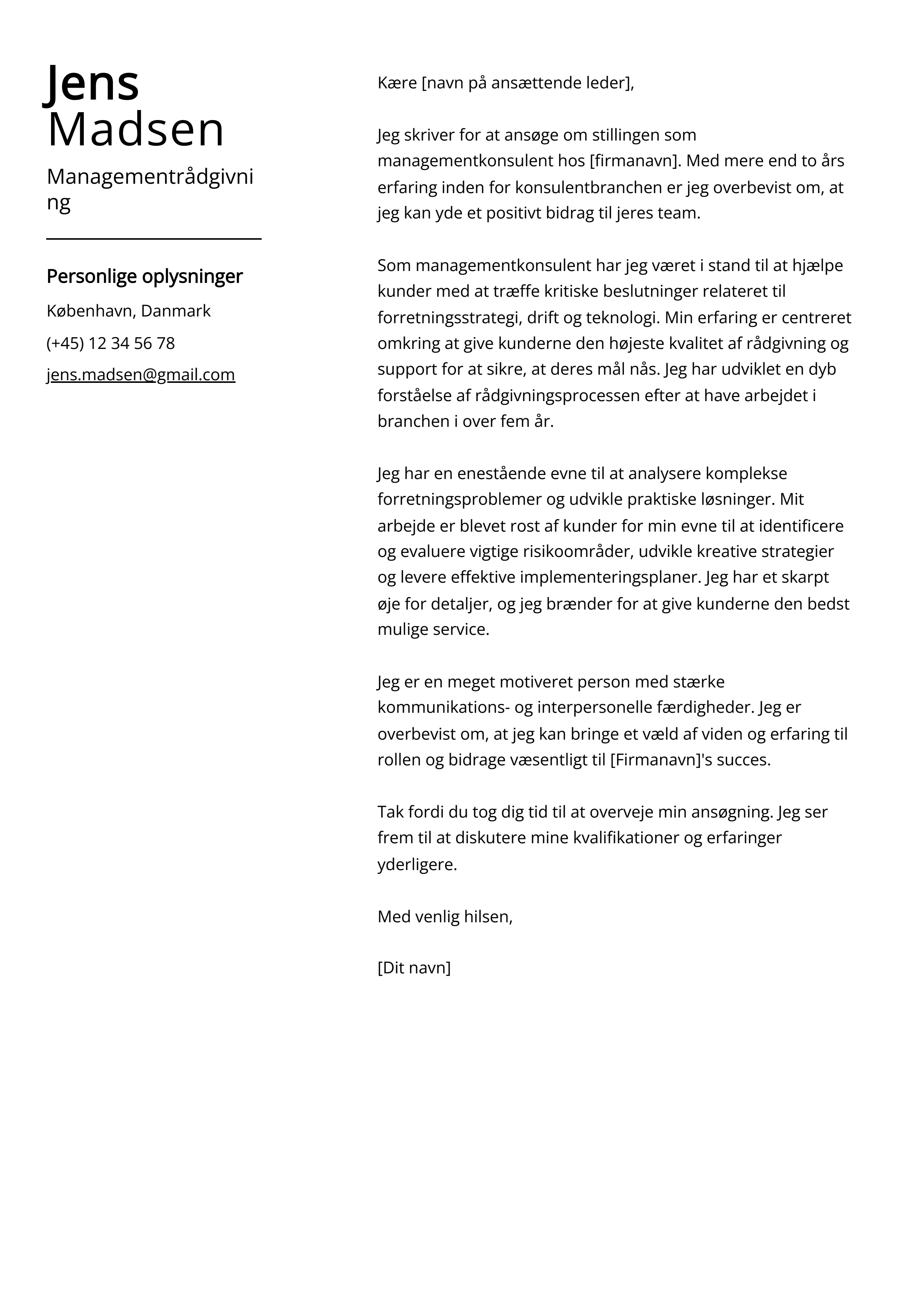 Managementrådgivning Cover Letter Eksempel