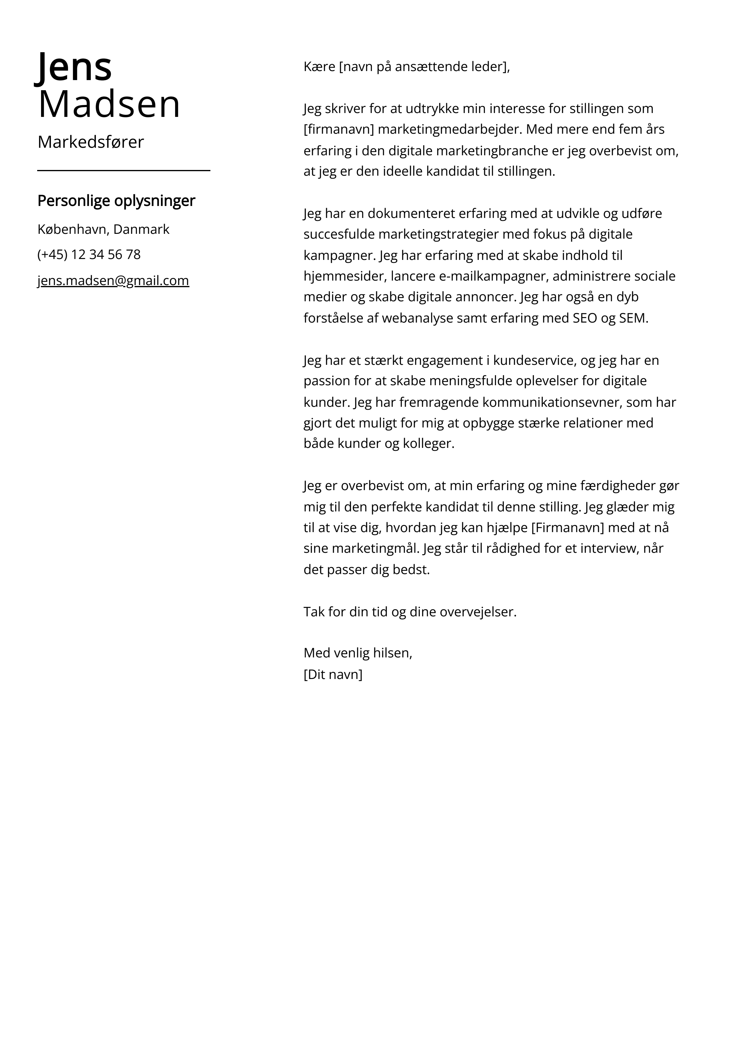 Markedsfører Cover Letter Eksempel