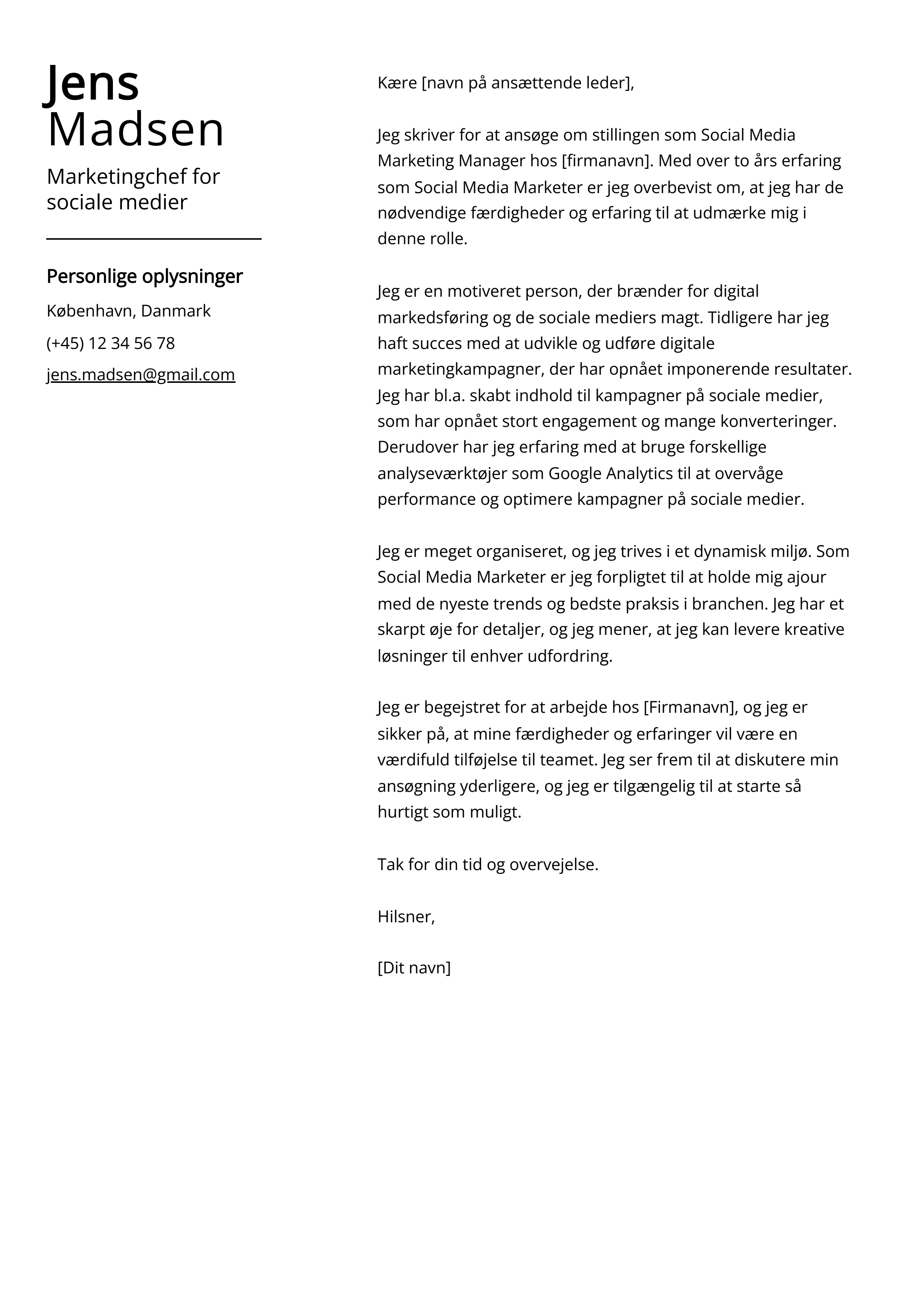 Marketingchef for sociale medier Cover Letter Example