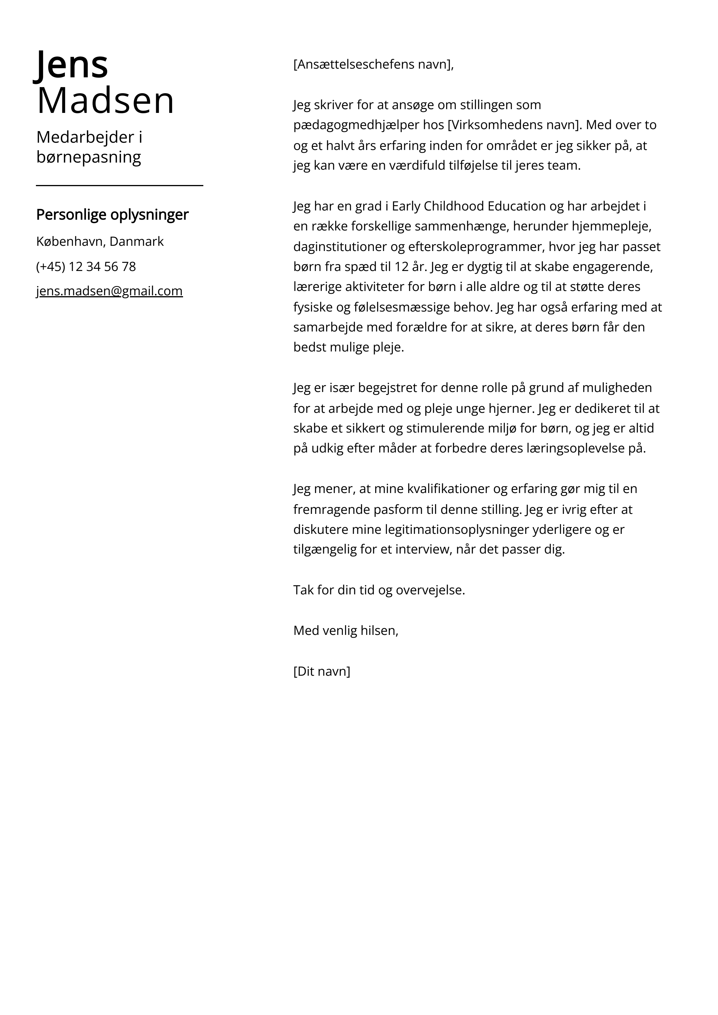 Medarbejder i børnepasning Cover Letter Example