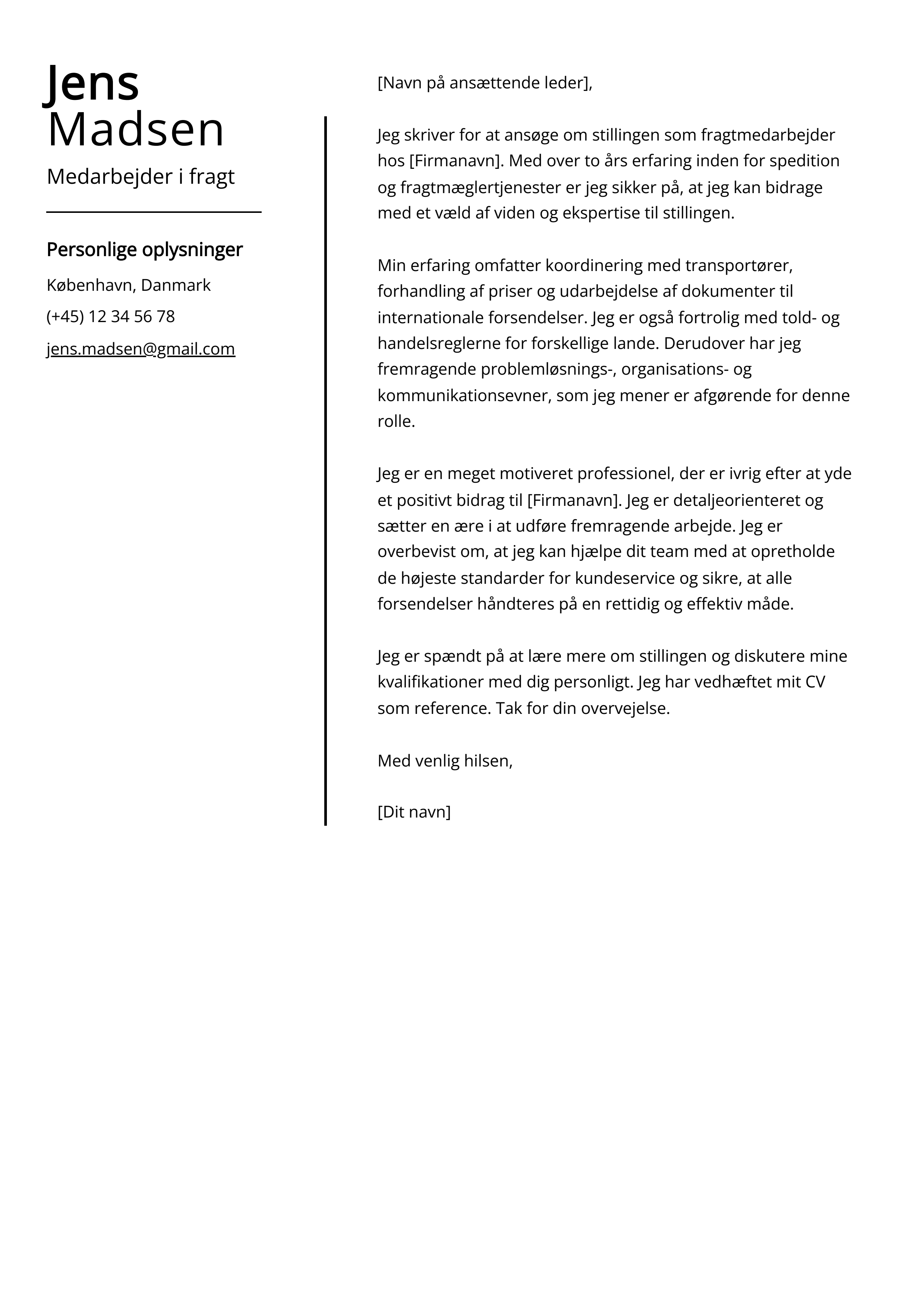 Medarbejder i fragt Cover Letter Example