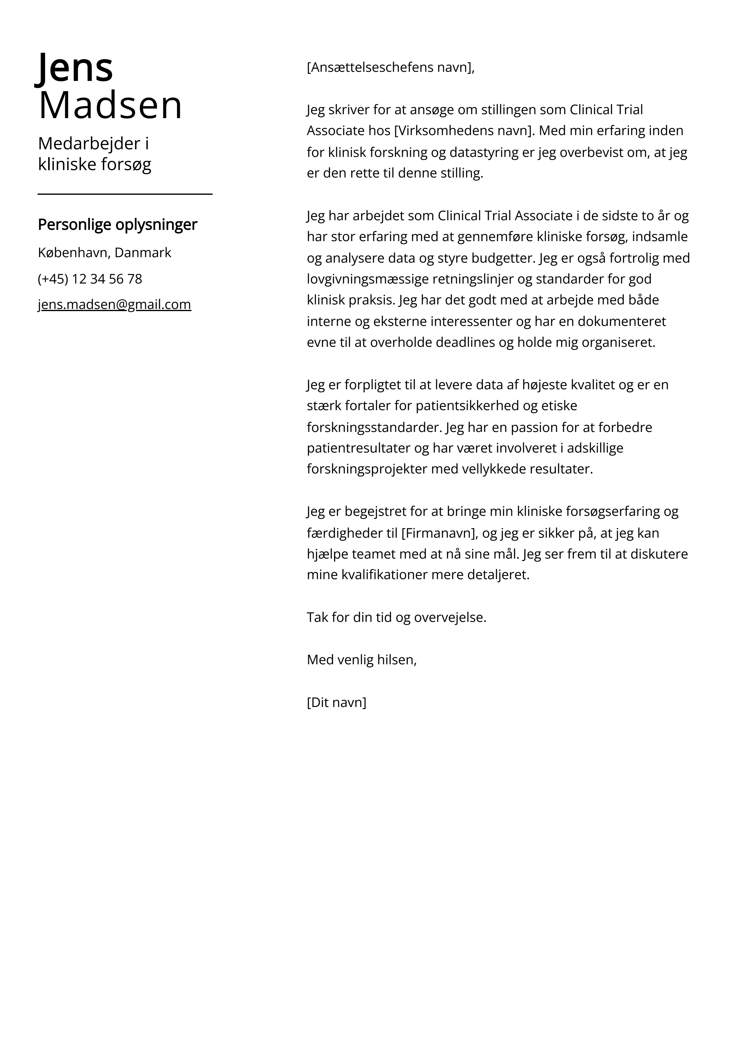 Medarbejder i kliniske forsøg Cover Letter Example