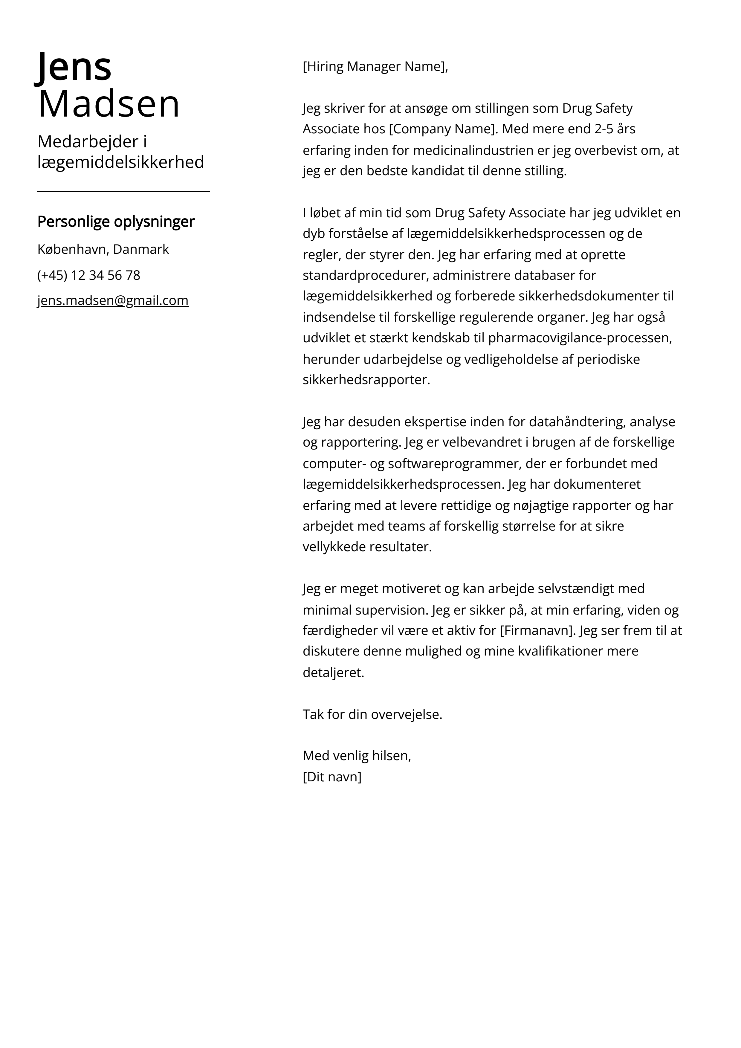 Medarbejder i lægemiddelsikkerhed Cover Letter Example