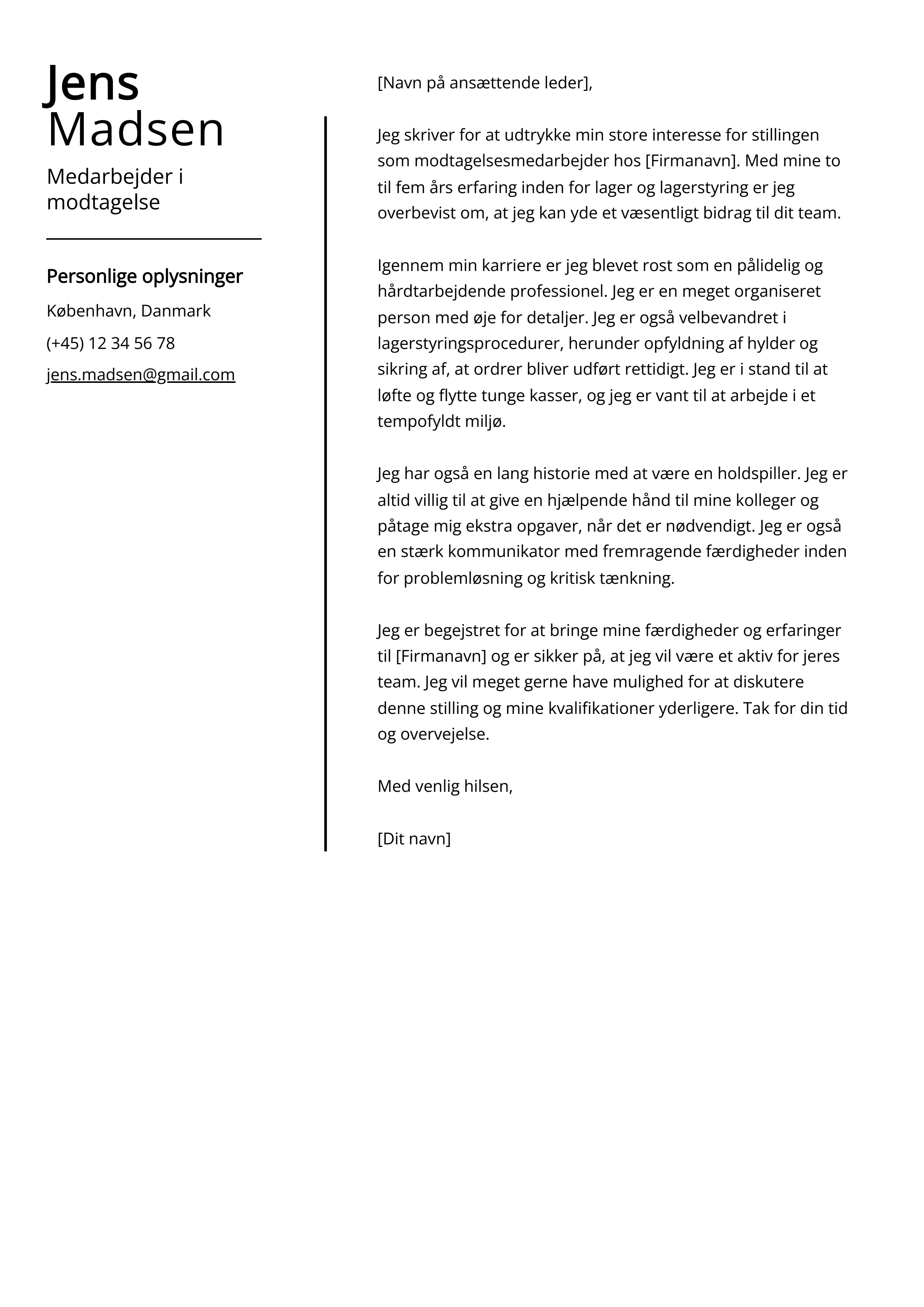 Medarbejder i modtagelse Cover Letter Example