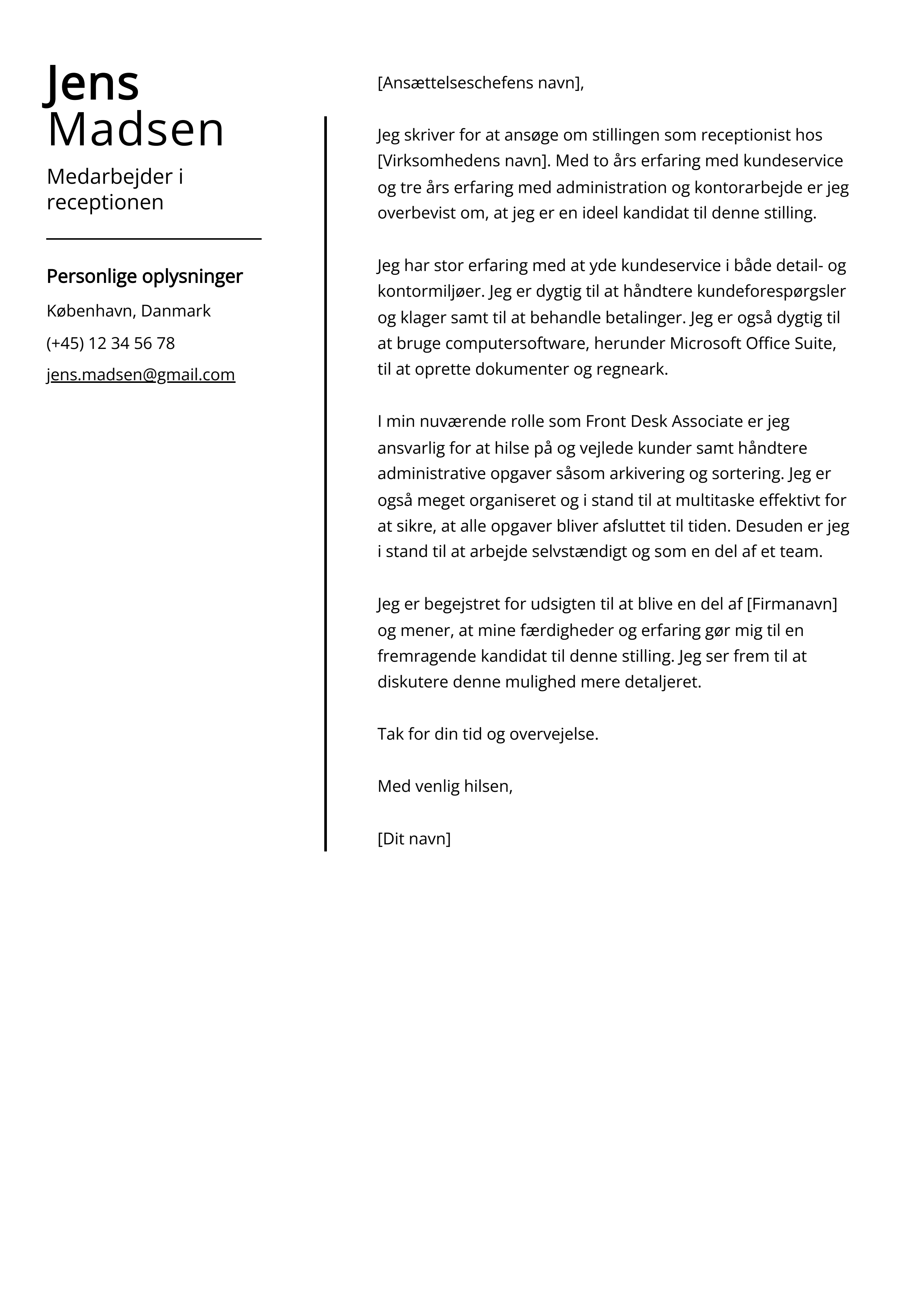 Medarbejder i receptionen Cover Letter Example