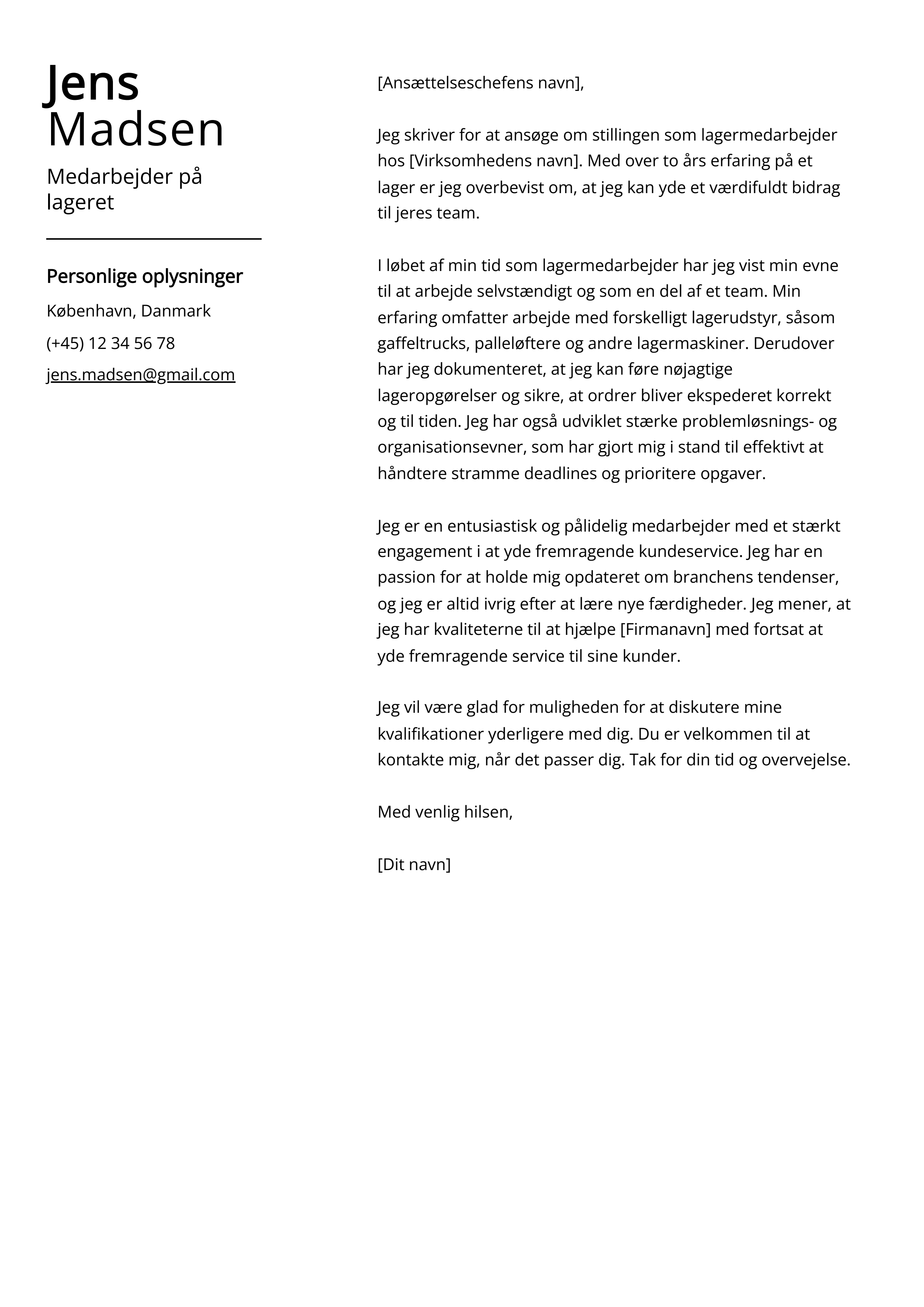 Medarbejder på lageret Cover Letter Example