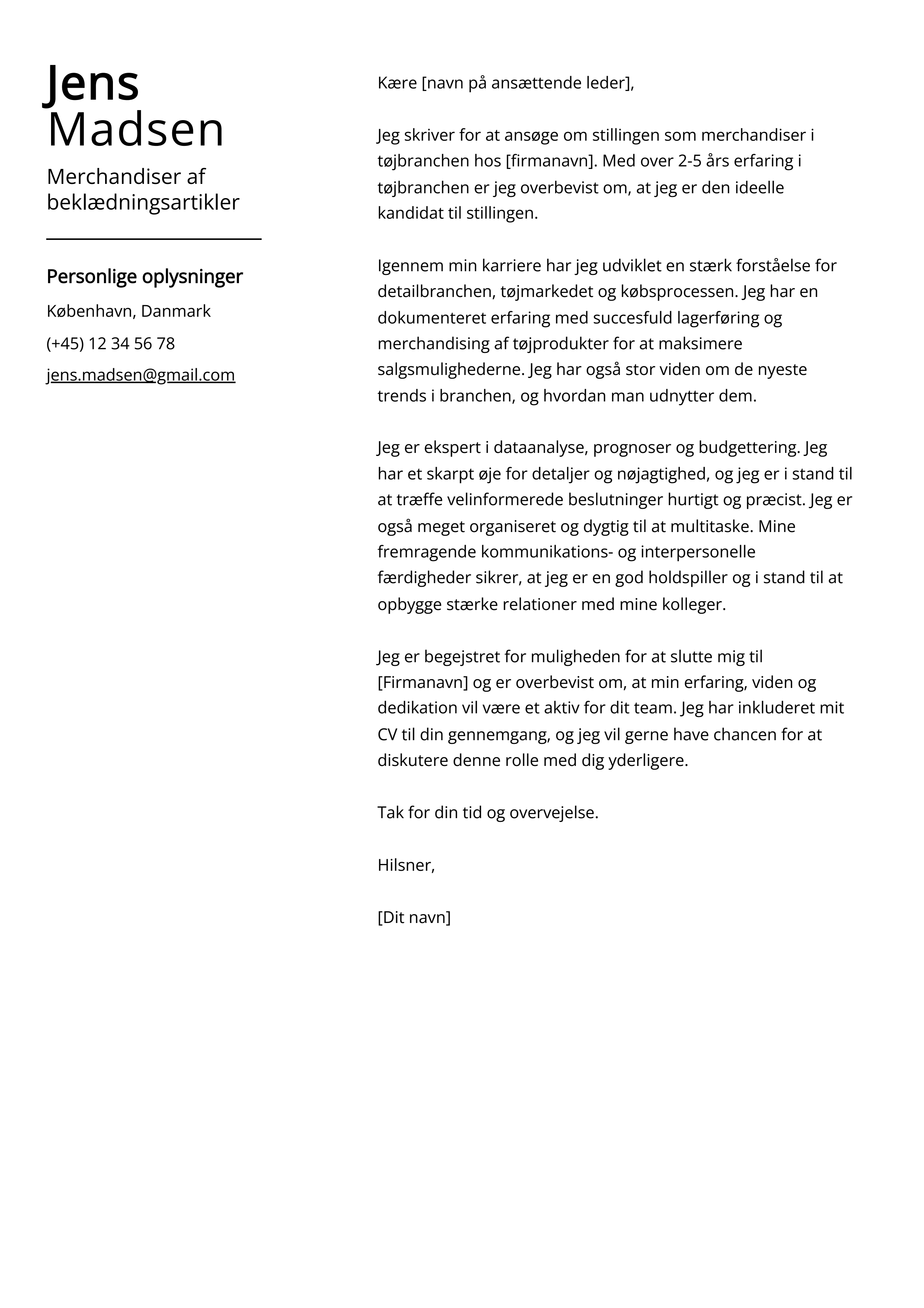 Merchandiser af beklædningsartikler Cover Letter Example