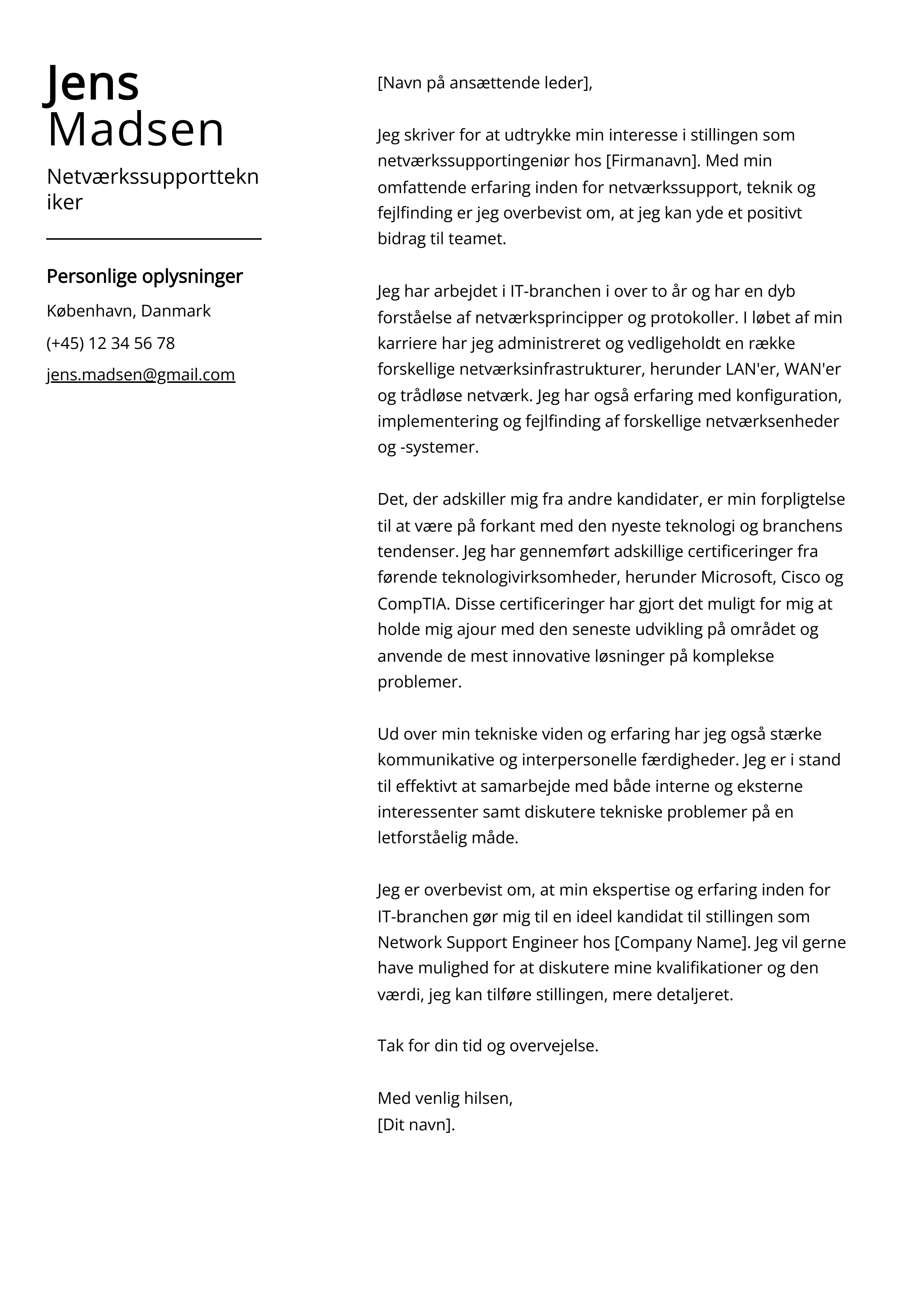 Netværkssupporttekniker Cover Letter Eksempel