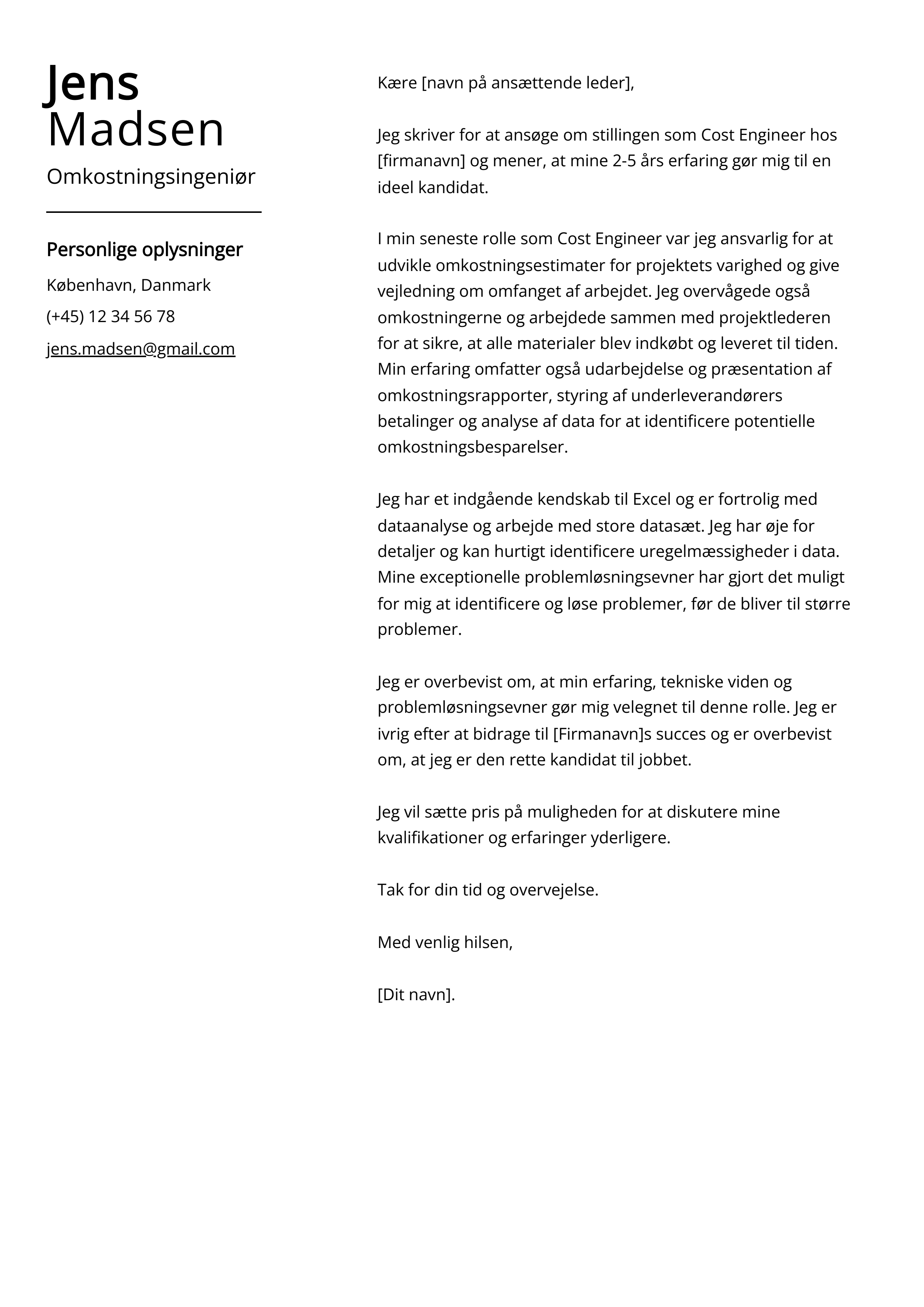 Omkostningsingeniør Cover Letter Example